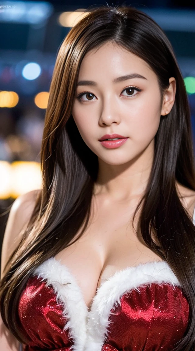 dark brown hair、Light brown eyes、The face of the Japan actress、 Lady、looks like him'i'i'i'i'i'i'i'おっぱi'I'm about 40 years old、(intricate-detail:1.2)、(top-quality:1.4)、 (超A high resolution:1.2)、超A high resolution、(A detailed eye)、(detailed facial features)、nffsw、8K resolution、D-cup size breasts、length hair、Christmas costumes、Santa Claus Costume、Night city、