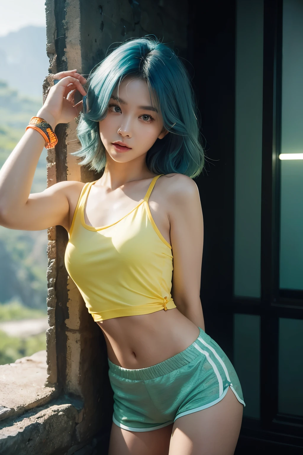 Bright lens: 1.3), Epic reality, yellow-eyed, teenage attacker, (one-girl), Light gray opaque short-sleeved top, Transparent fabric at waist, wavy hair 1.4, (dark-blue hair), short detailed hair, Dark blue and orange color scheme, (Light green shorts), The aesthetics of the wasteland and canyons!!! n Ruins, Soft Cinematic Lights, Adobe Lightroom, dark chamber, HighDynamicRange, 复杂, Green bracelet on the arm, straps from red thrings over Transparent fabric at waist, Thong under shorts