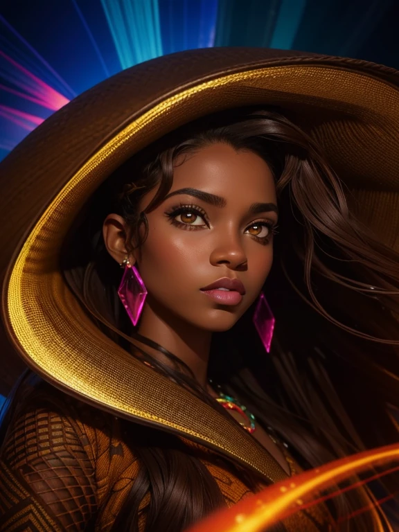 MULHER-GATO da DC Comics (african american woman with glowing brown eyes, browned skin, wave long hair), master part, best quality, abstracted, Psychedelic, Neon light, (honeycomb pattern), (criativo:1.3), SY3, SMM, fantasia00d