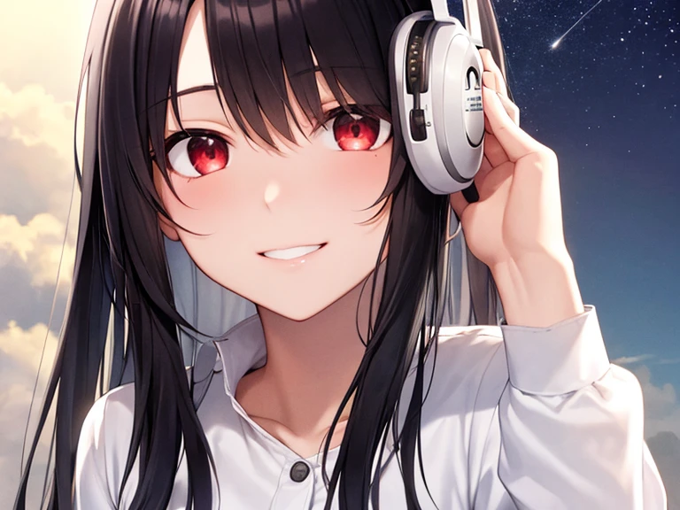 History of Eguchi Shou,Hibari-kun,music,head phone,14years,head portrait, nikke,games,cg, Best Quality, girl with, cloud sky, sad,a smile, Long hair, white  shirt,motion, Beautiful, Detailed eyes, Red eyes, Long hair, Highly detailed, finely detail, (Stars), (striated hair), ((ink black hair)), (White inner hair)