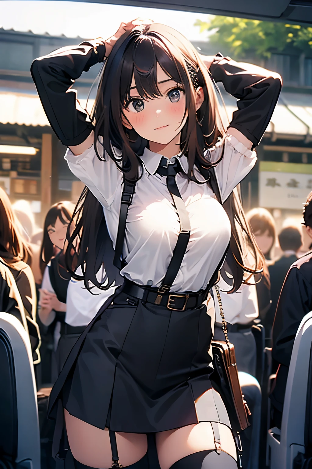 Brown hair、watching at viewers black ギターを弾くsuspenders Bulging big breasts walls: Black miniskirt garters Gaze Small face bangss holster Beautuful Women hands up レッグholster ベッドに横たわる Gaze 黒いブーツ Panchira provocation soio arm In the car Fold your hands behind your back belt dark face Panchira