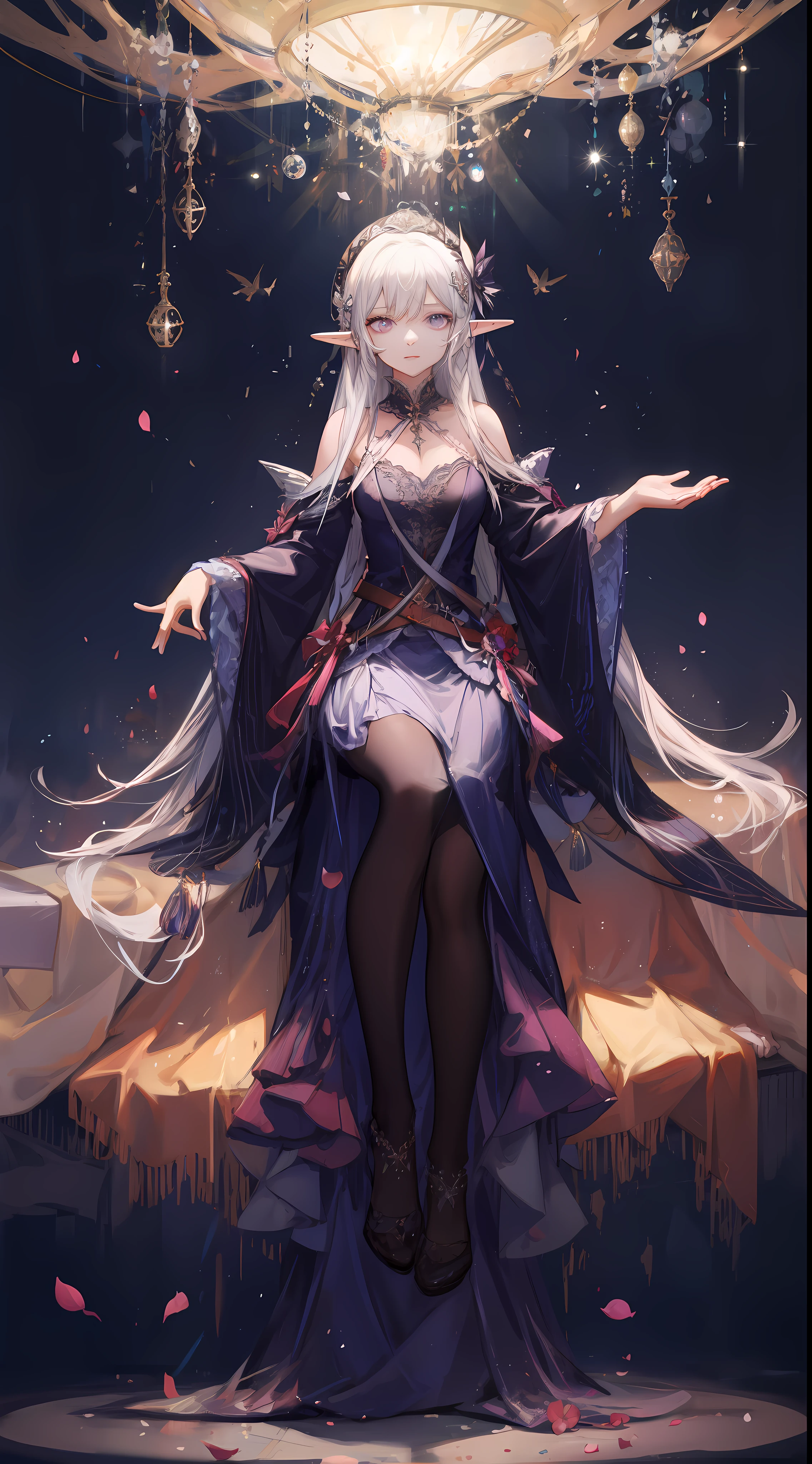 ((masterpiece, best quality)), official art, unity 8k wallpaper, ultra detailed, In a realm of enchantment, within a magical forest, A mysterious angel elf girl appears, a radiant being adorned in gossamer threads of moonlight. Her skirt, woven from petals and stardust, shimmers with an iridescent glow, reflecting the celestial canopy above. Flowering trees々As she flutters her wings in the midst of sparkling fireflies, the air resonates with the ethereal symphony of nature's whispers, Creating a place where dreams and reality are intertwined,Dances that form pure charm,Mo size,Full body photo,中景 the scene is the most beautiful form of chaos, elegant, a brutalist designed, vivid colours, romanticism, by Artgerm, Wadim kashin, Kawacy, BREAK, highly detailed of (elf), (1girl), perfect face,details eye, straight hair, Blunt bangs, (hair between eye), white hair, violet eyes, BREAK, eyelashes, eyeshadow, pink eyeshadow,