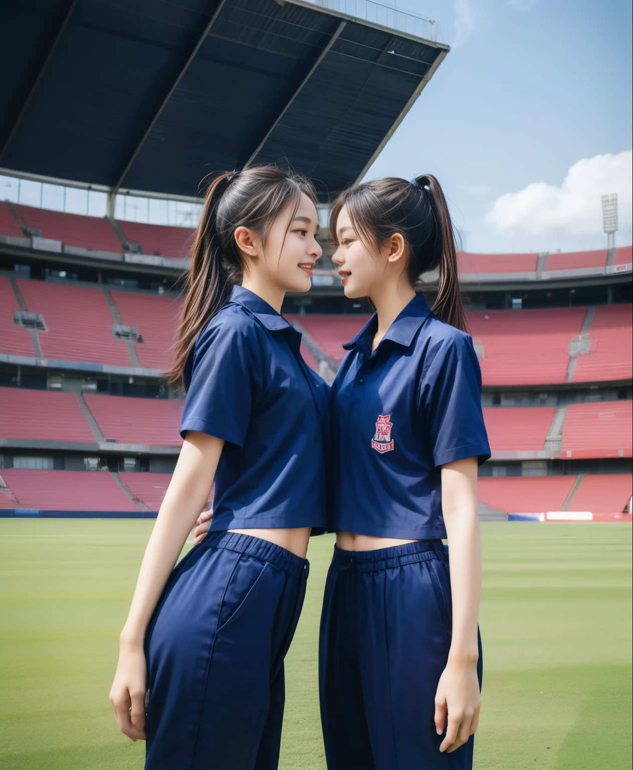 (bestquality,10,10,highres,masterpiece:1.2),ultra-detail,(Realistic,ภาพRealistic,photo-realistic:1.37),1 Cute girl in the football field,oily shiny skin,bara,light smile,BDclothelue shirt:1.3)),short sleeves,shirt, trousers.,(navy_long_ติดตามtrousers:1.1), ((Stadium Background:1.3)),dynamic angle,excited,face focus,Dynamic Poses,from behide,Ass Focus,masterpiece, bestquality, ultra realistic, hyper-detail, 8k resolution, RAW photo, crisp focus, ((Navy blue shirt:1.1)), short sleeves, เส้นทางlong, Complete bodyแบบ, 2 mature women, 18yo, cinematic light,trousersวอร์มสีน้ําเงิน,Gymware,Correct anatomy,Complete body, Correct body, sharp face, Correct bodyทางกายวิภาค, full entire body, Realistic gestures, long-haired, Realistic poses,Wear long shorts..............................,ช่วงขาlong,Shapely,Sculpting Girl, Slender Figure, mannequin mannequins, Shapely, Beautiful body,trousersวอร์มสีน้ําเงิน, Two girls kissing