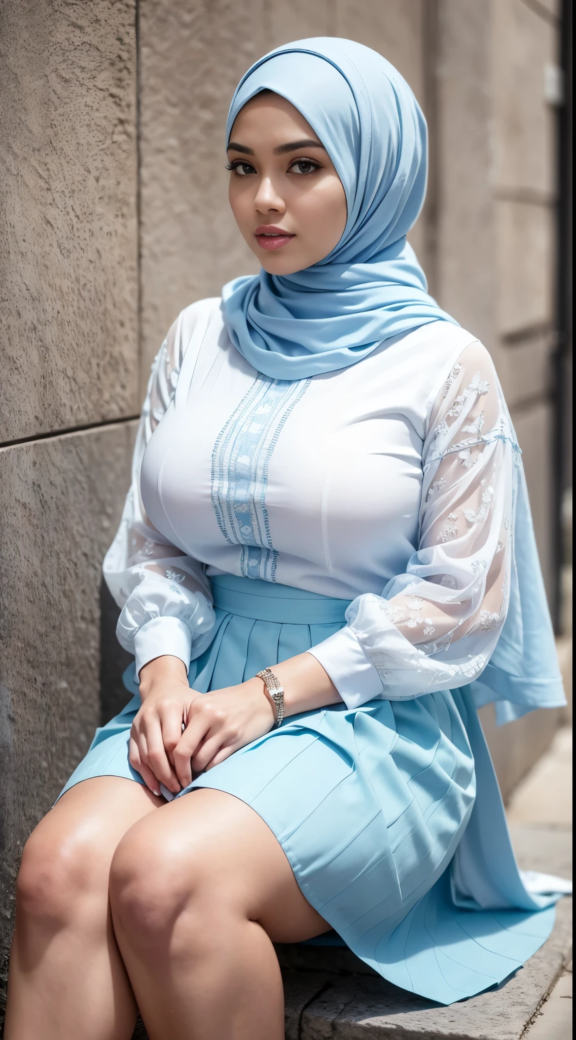 ( Close Up),RAW, Best quality, high resolution, masterpiece: 1.3), beautiful Malay woman in hijab,Masterpiece, perfect fit body, (big breast),big gorgeous eyes, Soft smile,thick thighs, beutifull face, woman sitting in a blue skirt and white top is walking down a sidewalk, pale blue outfit, flowing blue skirt, very beautiful style, modest!, light blue and white tones, intricate outfit, beautiful detailed elegant, white and pale blue toned, bluish and cream tones, pleated skirt, white and pale blue, well - detailed outfit, modestly dressed , Excellent lighting, Bright colors, Clean lines