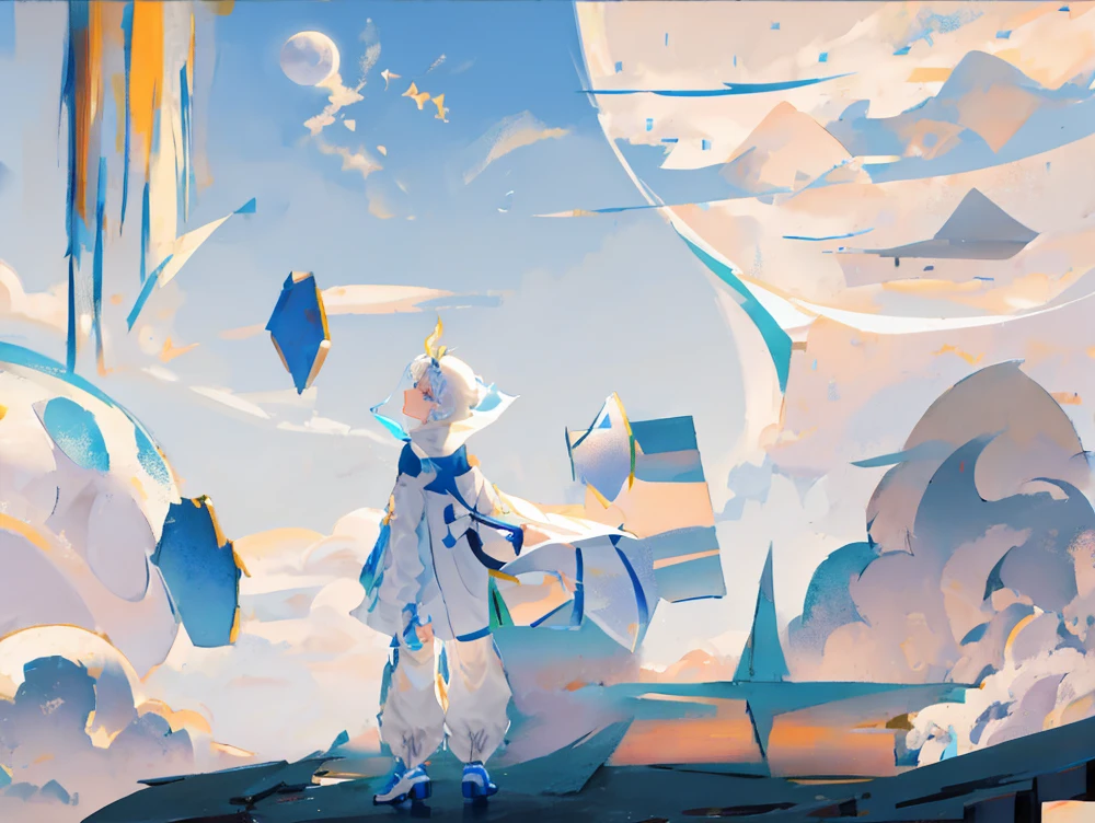 Greek holy places,Jupiter,themoon,clouds,The back of the white-haired boy standing in the ruins,Staring at the starry sky ahead,There is a small universe of light burning around it