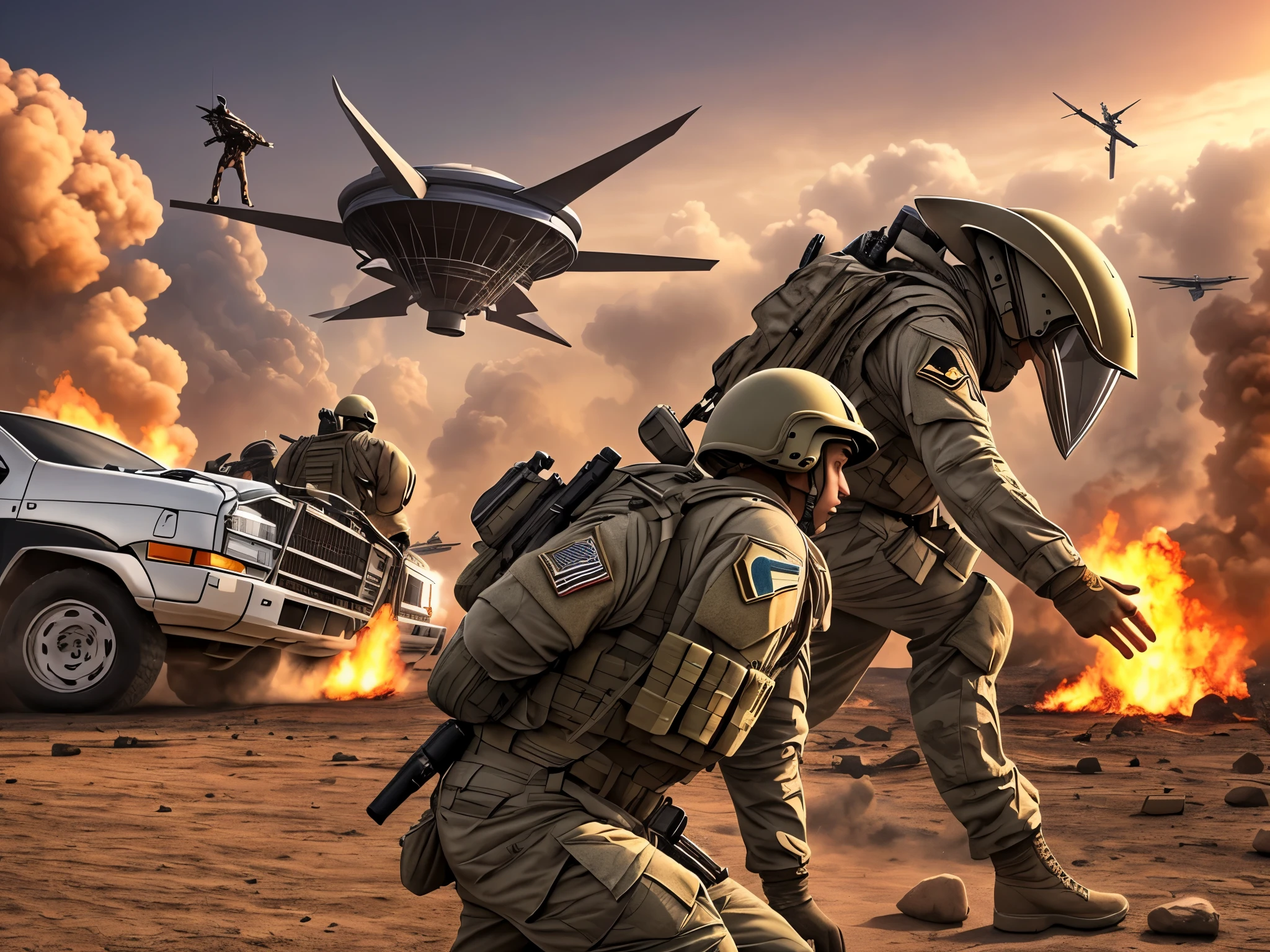 The wreckage of a crashed and damaged fighter, Pilot walking with a parachute, Sorrowful Pilot, A desert, Black smoke emitted from fighter jets, pilotsuit, distress,(8K, 16 K, Super Detail), high details, Best Quality:1.2, hight resolution, High quality, masutepiece:1.4