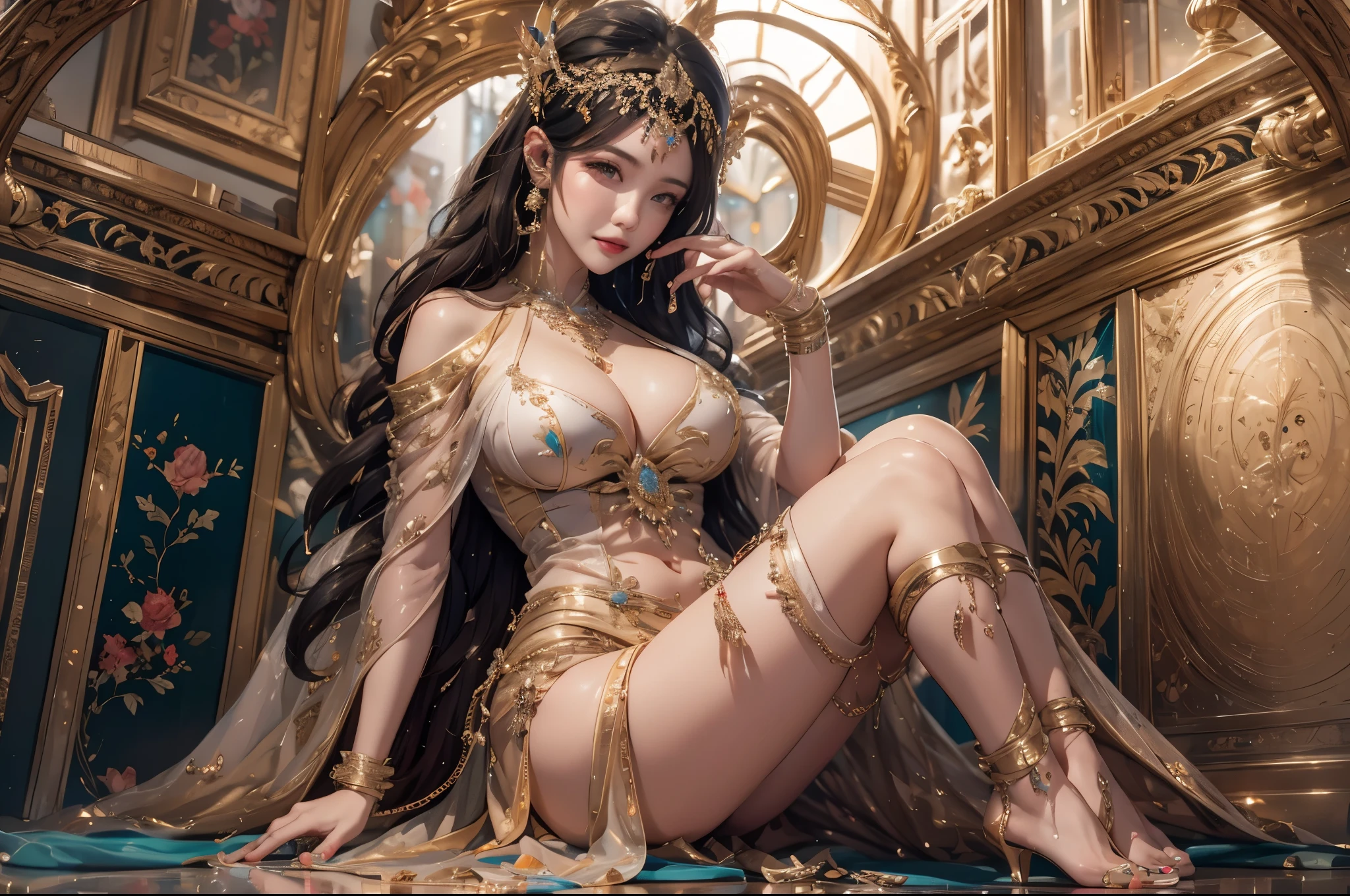 (8K, quality, tmasterpiece: 1.2), (actual, realistically: 1.5), 1 girl, Cute big breasts, sitted, External, (ssmile: 1.15), massive shutdown), 美丽A detailed eye, (translucent cleavage dress: 1.3), Highlight the buttocks, Full body lesbian, (highest quality)), (ultra - detailed)), no underwares, cute big breasts background, , naghty face, beautiful detailed body, advance, A detailed eye, (Best quality at best)