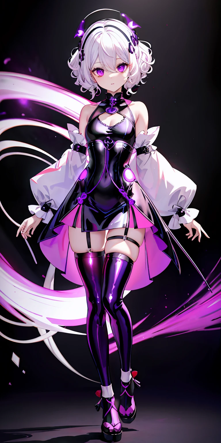 1 sister, White hair, a purple eye, Hollow latex,curlies, small, The face is red, Glow, upper legs, of shoulders, 鎖骨, Willow waist, (tmasterpiece), slim,((Full body lesbian))