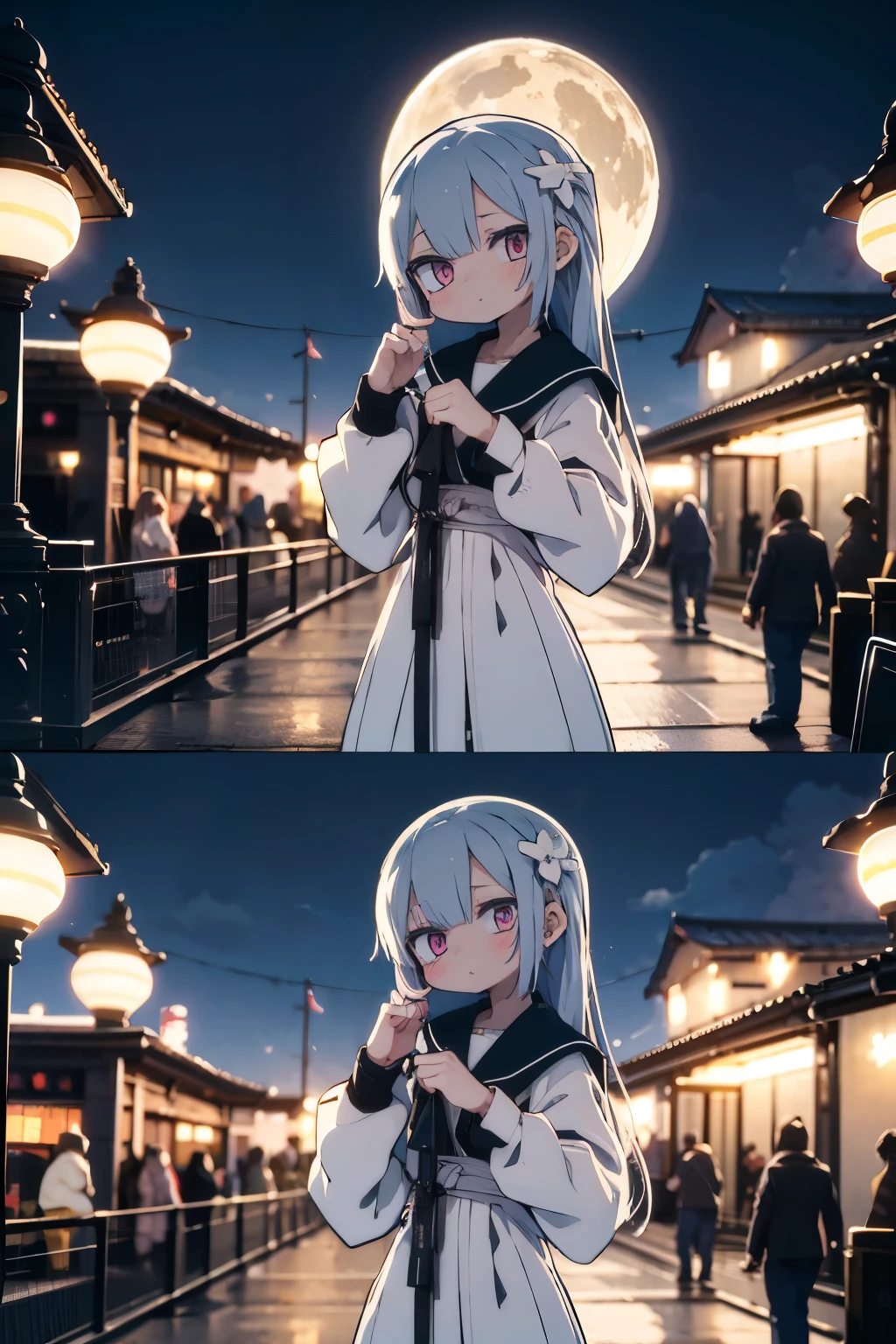 Octane Render、(Hyper-detailing: 1.15)、(Soft light、sharp: 1.2)、A girl taking a commemorative photo in a cute pose、1 moon、shrines、Crowds、Cat dance、手链