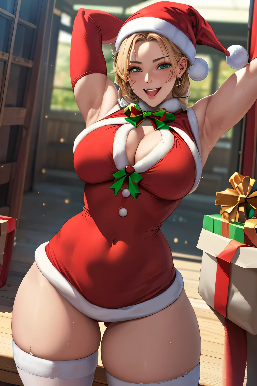 1 mature japanese, (red blush), Beautiful detailed eyes, Beautiful detailed lips, extremely detailed eye and face, long eyelashes, Vivid colors, nffsw, Studio Lighting, ((Organized finger chest, perfect shapes, face to the viewer, full of sweat, Gorgeous, ((Arms up)), ((Santa Claus Costume)), Sleeveless Bodysuit, thighs thighs thighs thighs, Smiling, Tongue out, Perfect, masutepiece, super-fine, (Best Quality, hight resolution:1.2), Physically-based rendering, extreme detail description