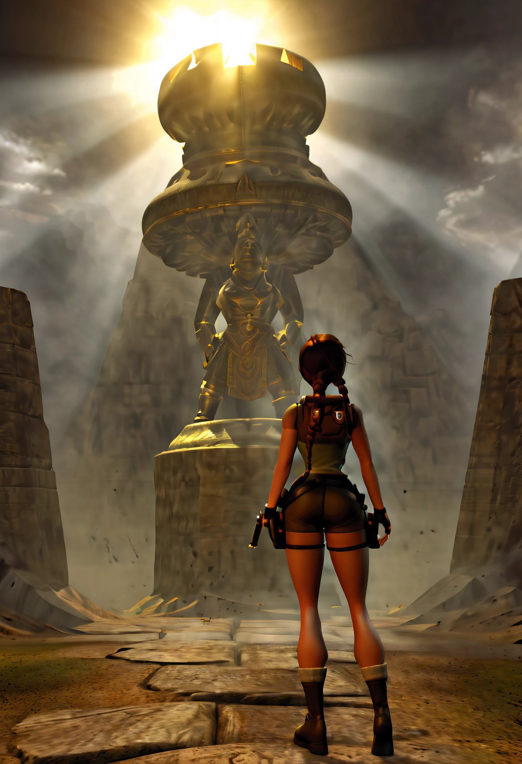 (best quality,4k,8k,highres,masterpiece:1.2),A captivating image of Lara Croft, her long single braid trailing behind as she discovers (a glowing and mysterious ancient crown relic:1.4), ultra-detailed,(realistic,photorealistic,photo-realistic:1.37), facing away, back turned, high resolution, subsurface scattering, raytracing