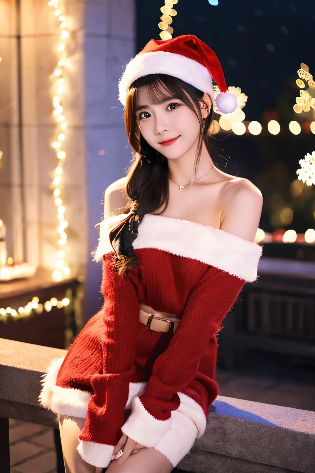 Thai girl,20yo,christmas,twintails,hair bell, santa hat,red sweater,open shoulder, short skirt, cable knit, capelet, (christmas night),(christmas decoration), ultra realistic, 8k,
