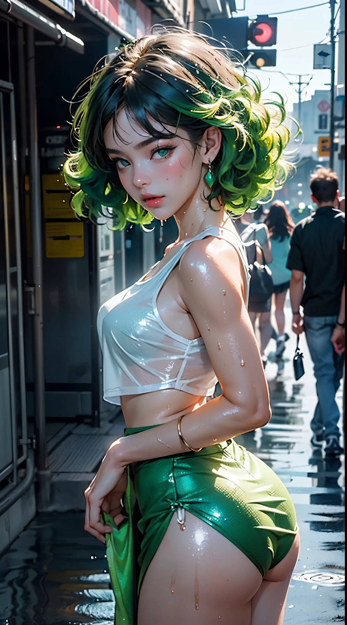 girl youtuber,(((1girl))),((extremely cute and beautiful green curly-haired girl)),

(short breasts:1.4),big butt,(((green curly hair:1.35,very curly hair,colored inner hair,ear breathing,short hair))),(((green_eyes:1.3))),intricate eyes,beautiful detailed eyes,symmetrical eyes,big eyes:1.3,((fat)),(((lustrous skin:1.5,bright skin: 1.5,skin tanned,shiny skin,very shiny skin,shiny body,plastic glitter skin,exaggerated shiny skin,illuminated skin,wet legs))),detailed body,(detailed face), EnvyBetterHands LoCon,

cute,slutty,seductive,erotic,(((nsfw))),

zettai ryouiki,revealing clothing,show skin,((rave mini-skirt,visible thong straps,white loose tank top with an anime art print)),((wet clothes,intricate outfit,intricate clothes)),

(dynamic pose:1.0),embarrassed,(centered,scale to fit dimensions,Rule of thirds),

cyberpunk city by the ocean at night, with bright neon signs and dark stormy clouds and puddles, scenery:1.25,

artistic photography,(photography taken by sldr),highres, sharp focus, (ultra detailed, extremely detailed), (photorealistic artwork:1.37),(extremely detailed CG unity 8k wallpaper),((synthwave background theme)),(((vibrant colors))),(intricate background),(masterpiece),(best quality),