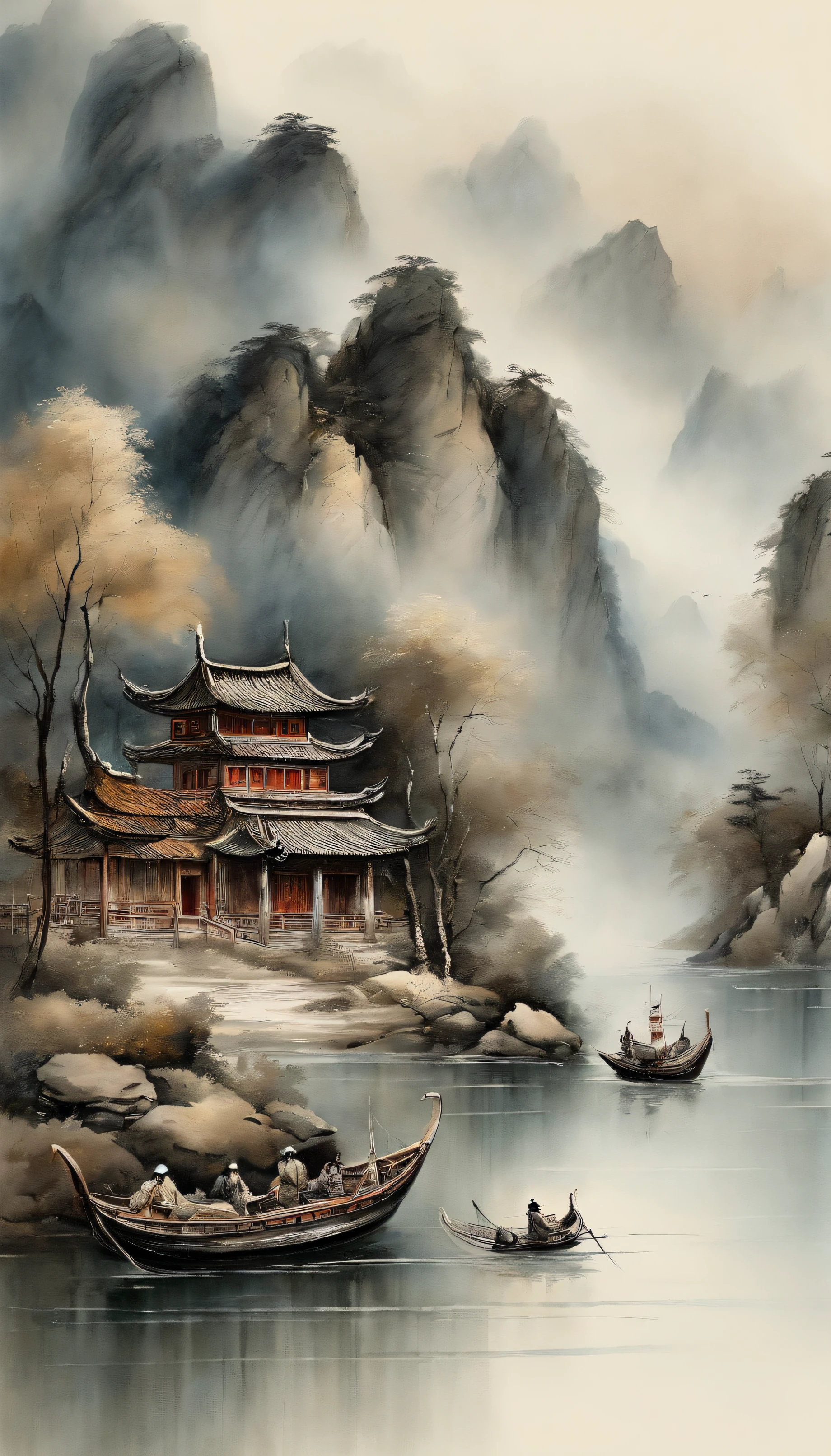 Best Quality, Ultra-fine details, high resolucion, Masterpiece:1.2, Immerse yourself in the beautiful scenery, Flawless brushstrokes, Impressive Inks, Adopt wide-angle viewing angle, Breathtaking mountain views, Deep and majestic atmosphere, Beautifully depicted a ship sailing through the mountains, Describe in detail the vessel and its surroundings., Traditional Chinese Art, It expresses the serenity and harmony of nature, Subtle hue changes, soft color palette, Gentle and warm atmosphere, Participated in prestigious exhibitions - Chinese ink landscape paintings,The composition is amazing,The depth of emotions,Capture the serenity of the mountains. Texture strokes and tonal changes are very detailed., Reveal the intricacies of the ship and the beauty of the surrounding landscape.. Traditional Chinese art style creates a peaceful and harmonious atmosphere.,Immerse yourself in the wonders of nature. This masterpiece is of the highest quality, Ultra-fine detail and high-resolution images, Make it an impressive and breathtaking work of art.,Perfect for capturing the essence of Chinese ink landscape painting.