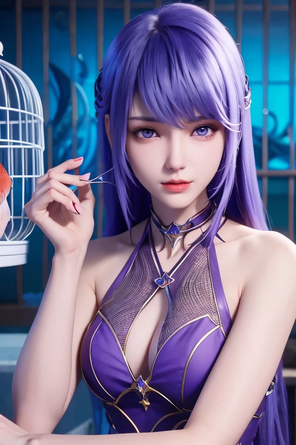 25-year-old Korean girl，1 sister，girl on top， dive， I have a perfect face， eBlue eyes， income，  dive，under the water深处，under the water，breaking，ton de asur，(((Fish cage as a whole, Purple colored hair,