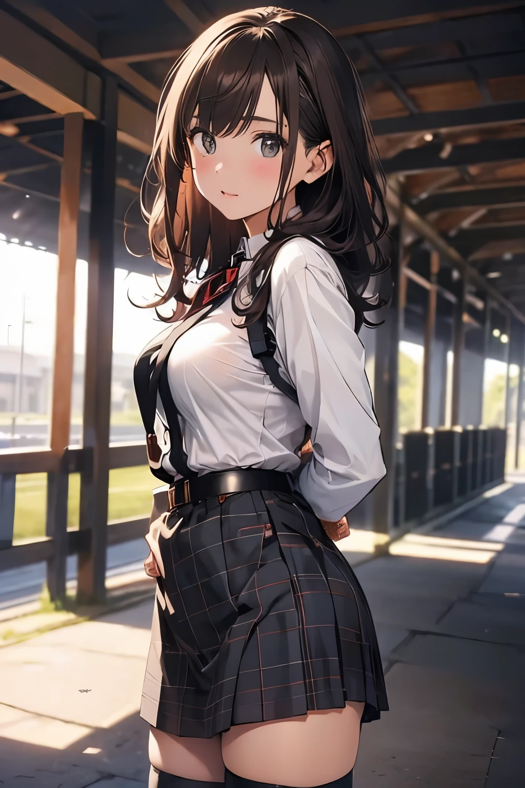 Brown hair、watching at viewers　　　black suspenders　　　Bulging big breasts　　 　 　　　walls: 　Black miniskirt　garters　　　　　　Gaze　　　Small face　bangss 　　　holster　　　Beautuful Women　　hands up　　レッグholster ベッドに横たわる　　Gaze 　黒いブーツ Panchira　provocation　　soio 　arm　In the car　Fold your hands behind your back　belt dark face　Panchira