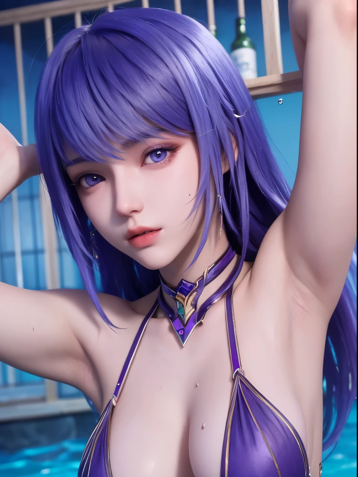 25-year-old Korean girl,1 sister,girl on top, dive, I have a perfect face, eBlue eyes, income, dive,under the water深处,under the water,breaking,ton de asur,(((Fish cage as a whole, Purple colored hair,full bodyesbian