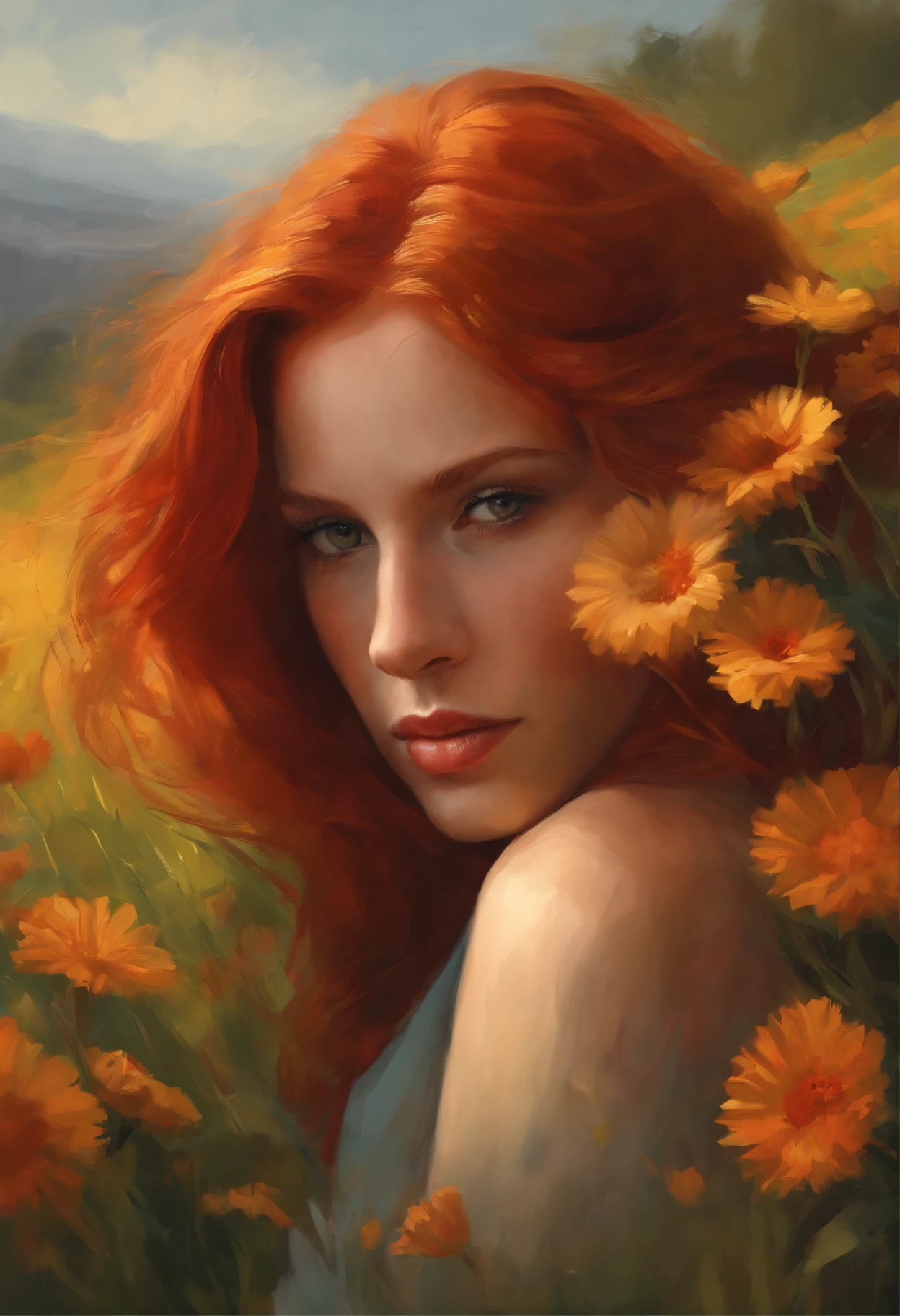 Painting "Woman with red hair in a flower field", gorgeous digital painting, beautiful digital painting, Galen Dara, redhead woman, Stunning digital painting, inspired by Vincent Lefevre, rhads and lois van baarle, Digital oil painting, Author: Mads Mountain, Digital Oil Painting, portrait of a red haired girl, by Igor Grabar