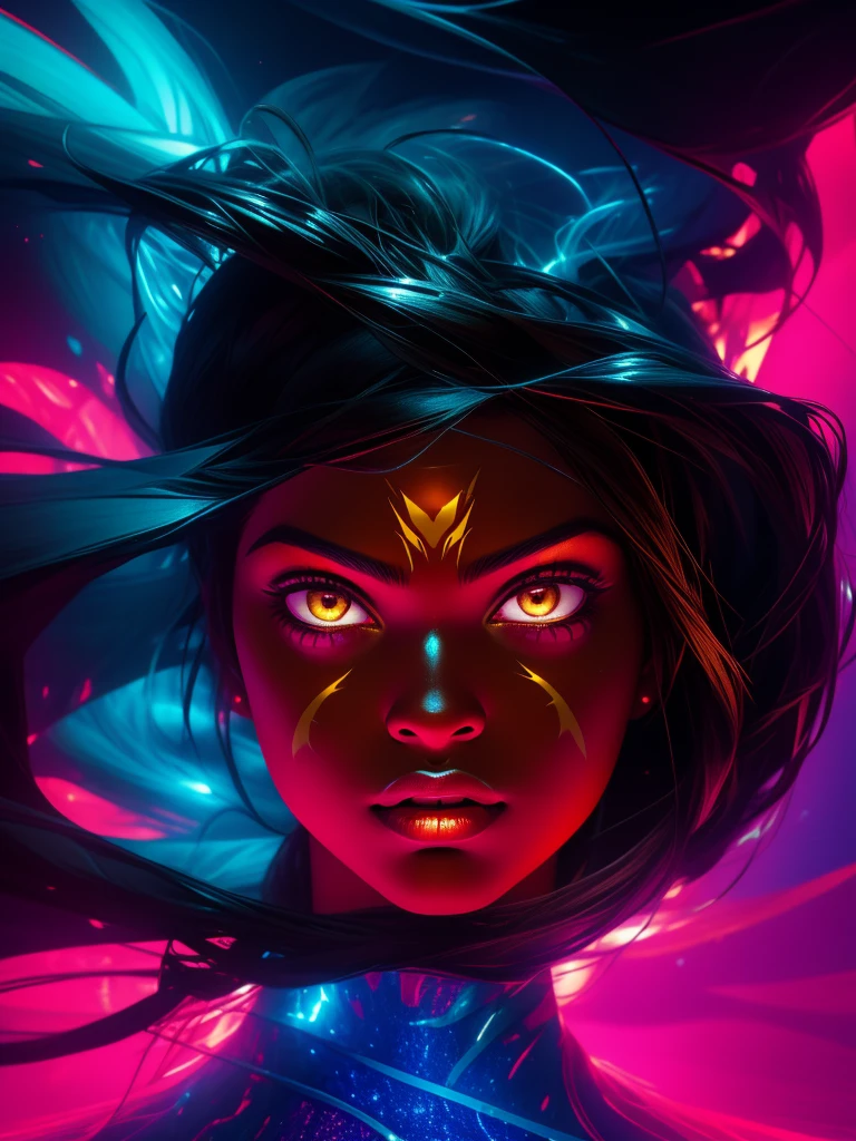 MULHER-GATO da DC Comics (african american woman with glowing brown eyes, browned skin, wave long hair), master part, best quality, abstracted, Psychedelic, Neon light, (honeycomb pattern), (criativo:1.3), SY3, SMM, fantasia00d