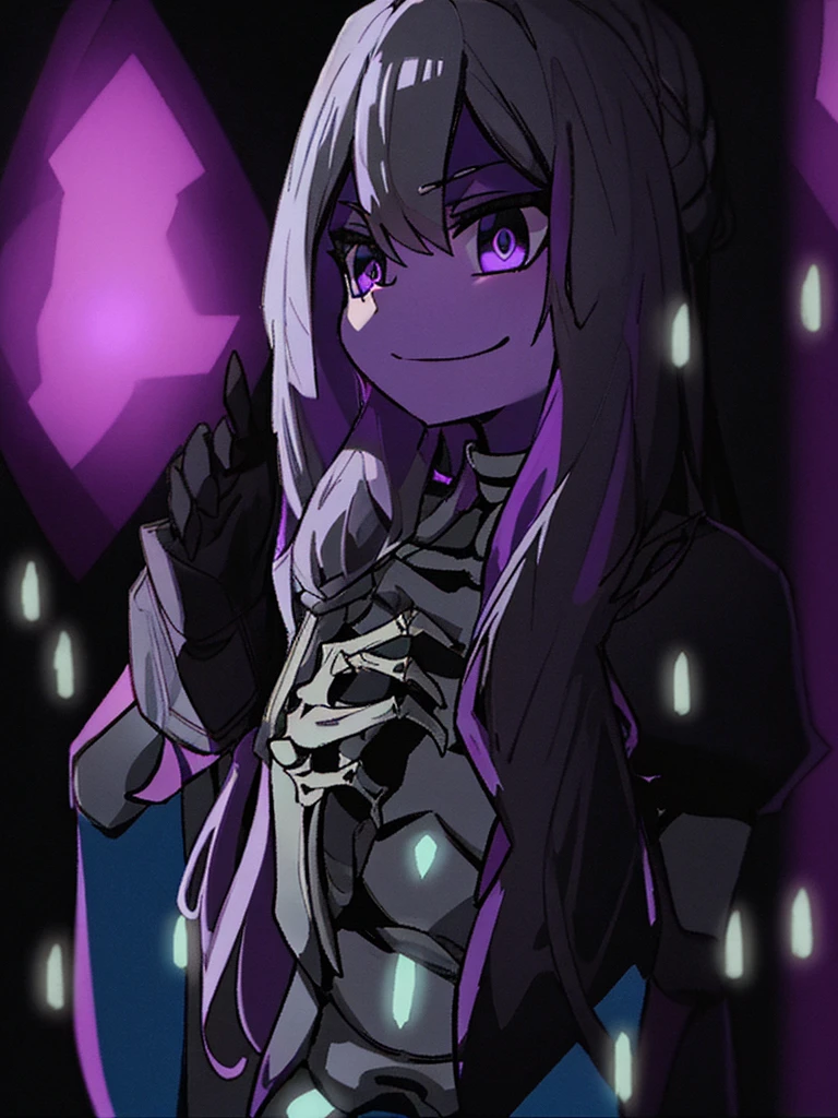 Close-up of skeleton with purple light, sans Under the legend, sans from Under the legend, Under the legend, [[[[Laugh terrily]]]], valguart style, unknown artstyle, profile picture 1024px, Gauri detailed face, Very grainy, proud smirk, very very low quality picture, 2d art，personification，a cute loli，Have gray long hair，Has purple shimmering eyes，Two-dimensional loli