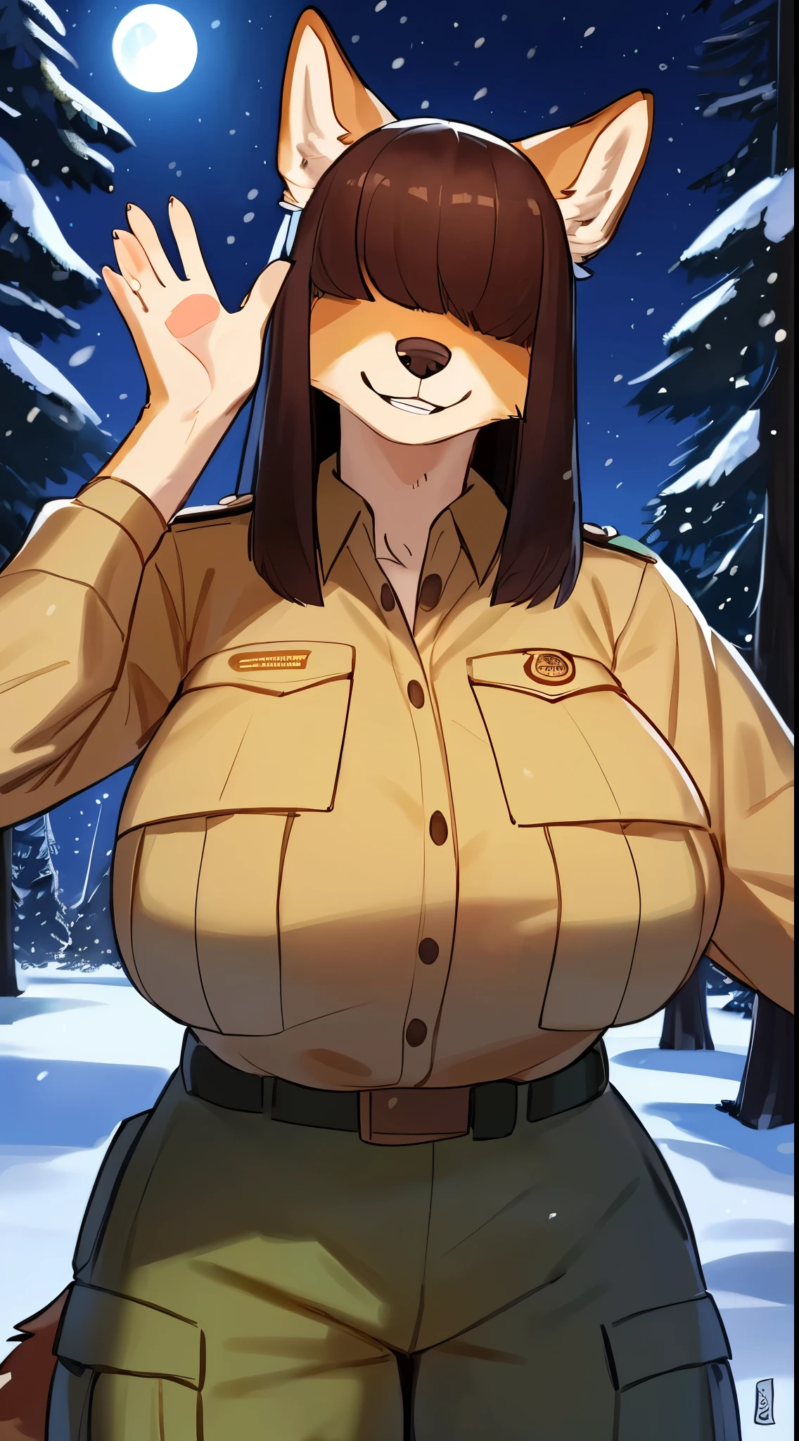 By bebebebebe, by lostgoose, by goonie-san, female, ((canine, snout, hair covering eyes, straight hair, medium hair, flat hair, ears, thin snout)), brown fur, big poofy tail, raised tail, dark maroon hair, (muscular, big breasts), solo, smiling, happy, standing, (park ranger uniform, tan uniform, green cargo pants), forest, (saying stop, hand out, stopping viewer, palm towards viewer), snow, snowing, night time, moon
