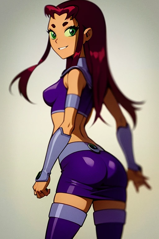 masterpiece, best quality, 1girl, starfire, red hair, long hair, green eyes, orange skin, crop top, midriff, tight skirt, thighhighs, smile, standing, solo, simple background skin tight, ass,