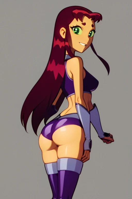masterpiece, best quality, 1girl, starfire, red hair, long hair, green eyes, orange skin, crop top, midriff, tight skirt, thighhighs, smile, standing, solo, simple background skin tight, ass,