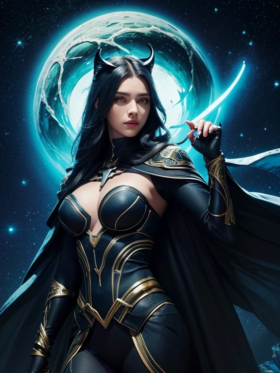 Uma mulher branca de seios fartos, cabelos negros, voluptuosa, acompanhada por um pinguim imperador, um corvo dourado, um slime azul, a jörmungandr, a flying eye and a black panther in a starry setting