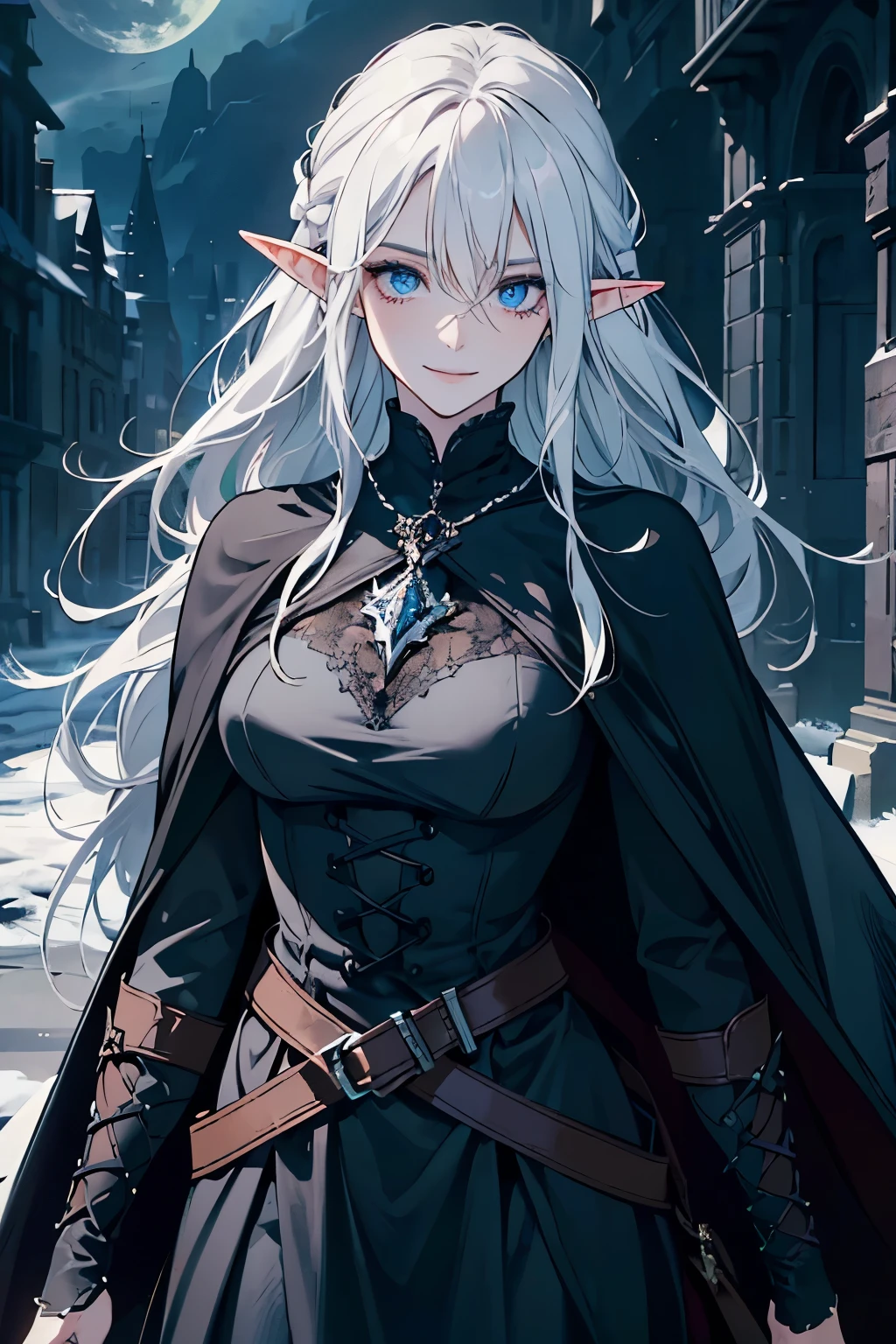 (absurderes, hight resolution, ultra-detailliert), 1 woman, , Beautiful, a white girl, elf, pointy ear, long white hair, Crystal Blue Eyes, Dark makeup, finely Detailed eyes and detailed face, Fantasy, Night, Dark theme, Cinematic lighting, Colorful, flying petal, Cloudy sky, Dark Forest, Moon, Black clothes, Dark theme, Night, The Dark Knight, Detailed eyes, Dark lighting, elf, lotr, Dagger in hand, Black Cape, Hunting clothing,a smile