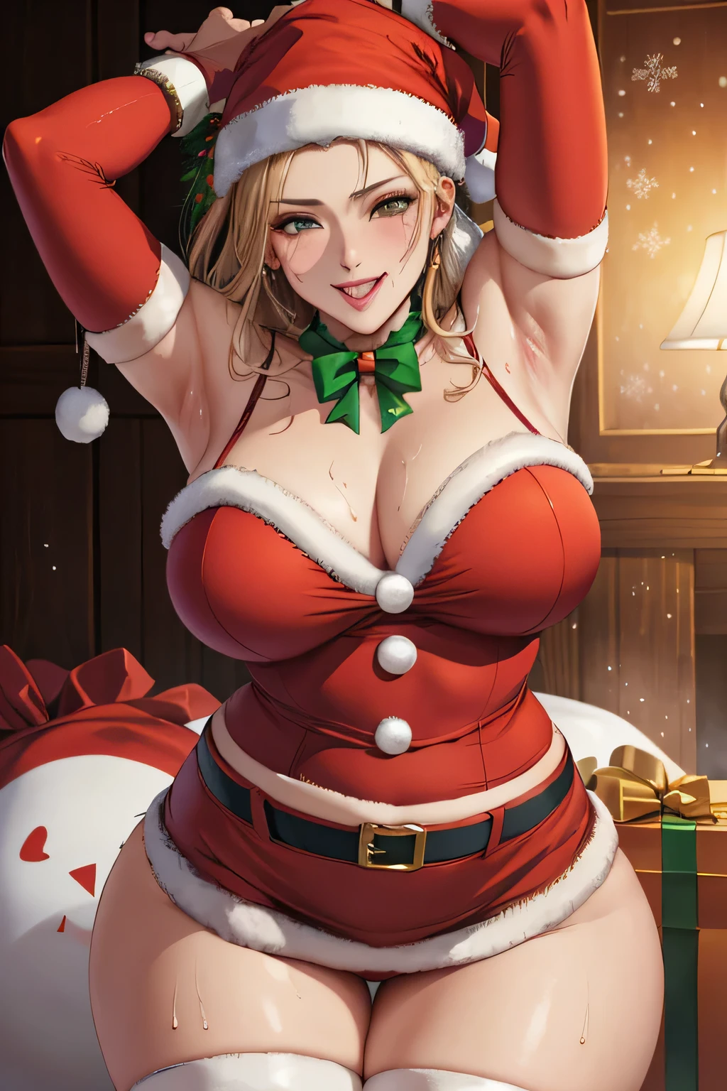 1 mature japanese, (red blush), Beautiful detailed eyes, Beautiful detailed lips, extremely detailed eye and face, long eyelashes, Vivid colors, nffsw, Studio Lighting, ((Organized finger chest, perfect shapes, face to the viewer, full of sweat, Gorgeous, ((Arms up)), ((Santa Claus Costume)), Sleeveless Bodysuit, thighs thighs thighs thighs, Smiling, Tongue out, Perfect, masutepiece, super-fine, (Best Quality, hight resolution:1.2), Physically-based rendering, extreme detail description