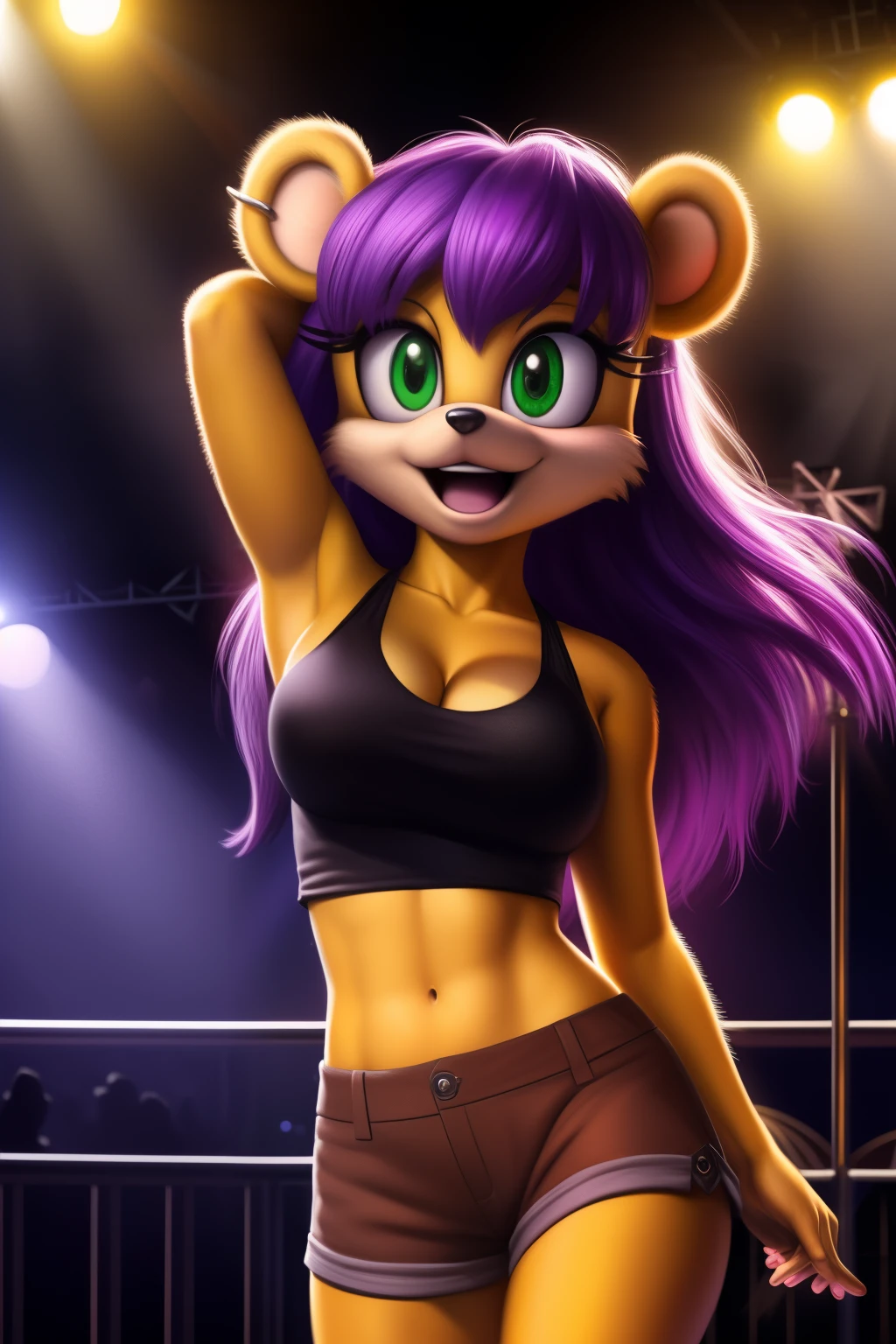 1girls,Mina Mongoose medium_breasts, purple_hair, busty,female,cleavage, female_solo,midriff-baring black tank top, brown shorts, green eyes, outdoors, stage, smile,nighttime, dancing, singing, microphon,realistic,hyper realistic, realistic fur, photograph,long hair