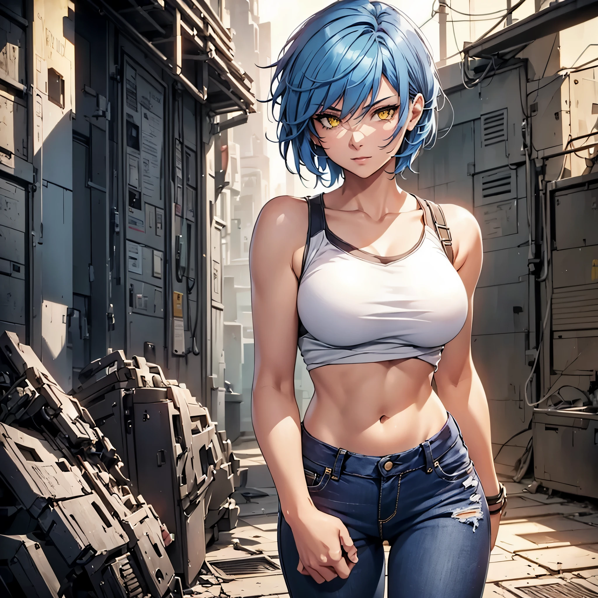 1female, solo, blue short hair, yellow eyes, wearing white tank top, jeans, sexy, ray tracing, amazing body, beautiful, model, 4k, official art, highly detailed, masterpiece