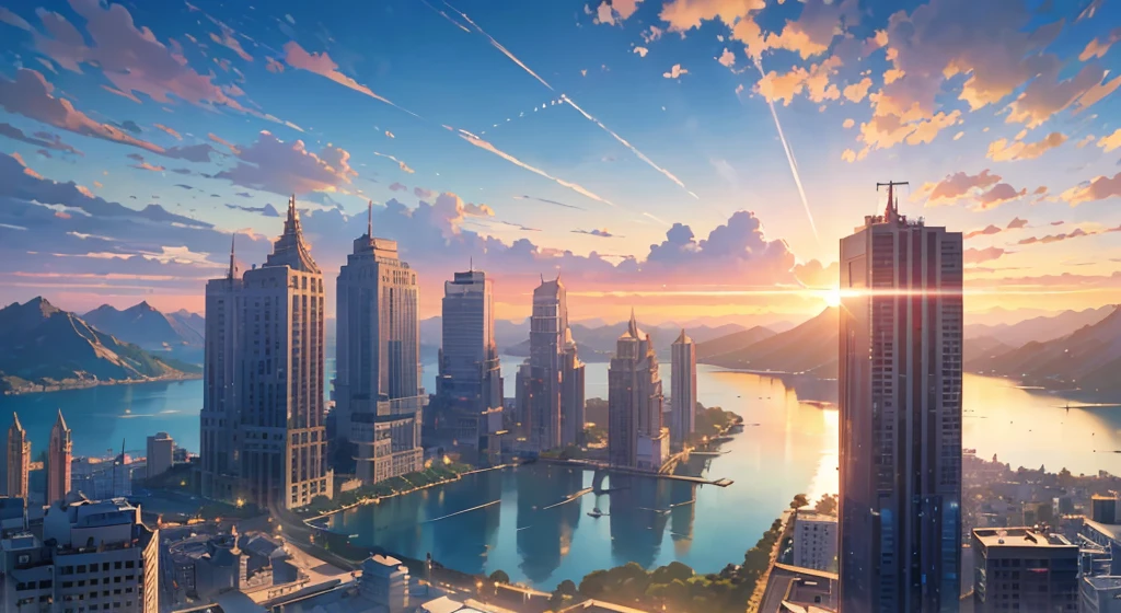 Beautiful Landscapes、hight resolution、anime scener、云、(the setting sun:1.3)、(Chii:1.3)、(lake:1.5)、(Buildings lined up:1.3)、体積云、(Skyscrapers:1.4)