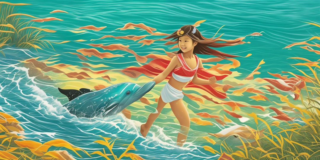 Cartoon style picture.-high definition, high definition, high resolution, 19th century Korea, a girl around with a slightly wild atmosphere is running on the beach wearing a Korean woman's national costume. Two dolphins are swimming parallel to the girl in the sea. --auto --s2