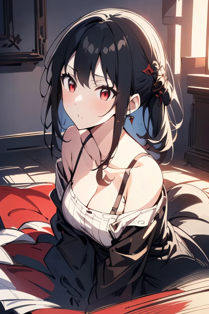 (Masterpiece:1.2, high quality), (pixiv:1.4), (1girl:1.2), (solo:1.2), (smooth:1.2), (Yor forger), red eyes, black eyeshadow, pale white skin, black hair, bangs, bangs over eyes, collarbone, off-shoulder long frock, black clothing, exposed cleavage, (medium breasts:1.2), (pov thighs), lower angle view, ultra detailed, soft lighting, high contrast, blur, highly focused face, (detailed face), intrinsic details, vivid colors, HD, 4k, artistic background, background wall with black and white stripes