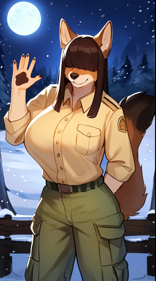 By bebebebebe, by lostgoose, by goonie-san, female, ((canine, snout, hair covering eyes, straight hair, medium hair, flat hair, ears, thin snout)), brown fur, big poofy tail, raised tail, dark maroon hair, (muscular, big breasts), solo, smiling, happy, standing, (park ranger uniform, tan uniform, green cargo pants), forest, (waving hi to viewer), snow, snowing, night time, moon
