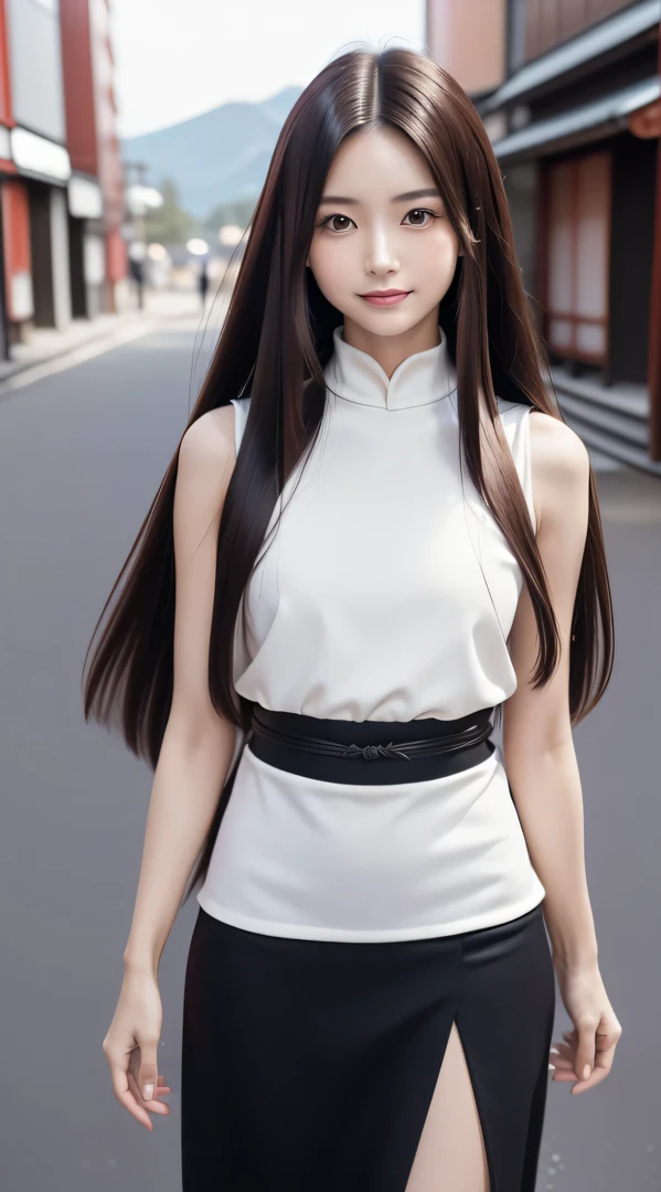 (Refreshing smile:1.5),(Look at viewers:1.1）,（hide one's hands:2.0）,(Beautiful Japan Woman）,（straight haired, Long hair, strong wind in the hair:1.5), （ High neck sleeveless , tight skirts:1.5), （high-heels;1.3), detailed  clothes, (Perfect female body), (Narrow waist:1.5), (Bust Up Portrait:1.3),   Dynamic Pose, Cinematic Light, 135 mm, Fuji Film,