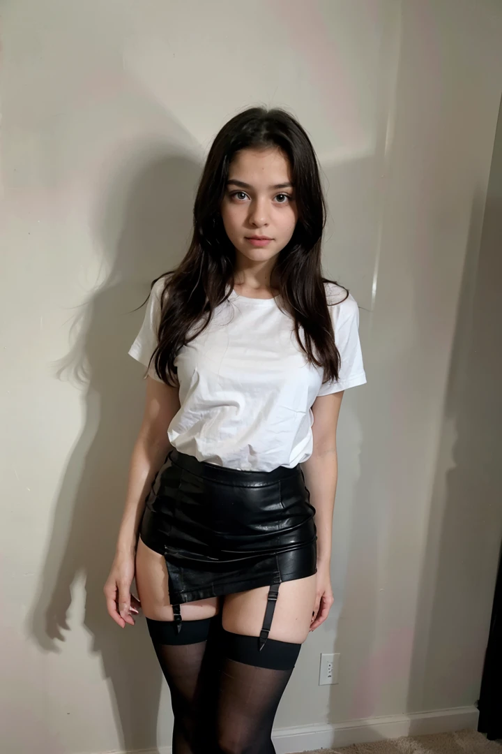 ((best quality)), ((masterpiece)), ((Perfect face)), ((8--old l)), Big eyes. Full height. standing on my feet. Dressed in a white shirt. Long black skirt with a large slit. Sexy stockings on her legs. With black hair. Face covered in cum.