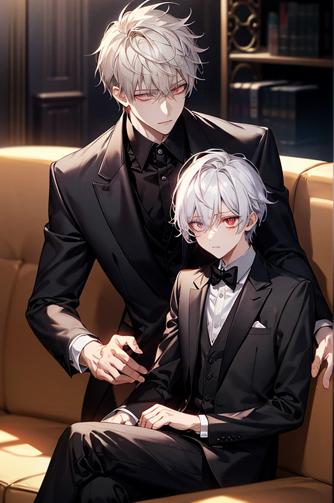 (best qualtiy,8K,tmasterpiece),best light,Best Shadow,电影灯光,(realskin)Ray traching,reflection skin,Digital Illustration,Game CG character edge lighting,Colored light sources are around),There is wind blowing hair,Looking into the distance,1boys,Adults,short detailed hair,white color hair,having fun,(Take a closer look into the eyes,Eye 1:2,Clear eyes,Elaborate Eyes,Delicate pupils,Good eyes,eye detailed、Red eyes),Face Focus,In black suit,formal clothes,best qualtiy,facial detailing,idle,(Being in the room,sitting in the couch,captura),詳細に書き込まれたBackground with,Background with,(Being in the room,sitting in the couch,captura),被写界深度のBackground withのボケ味