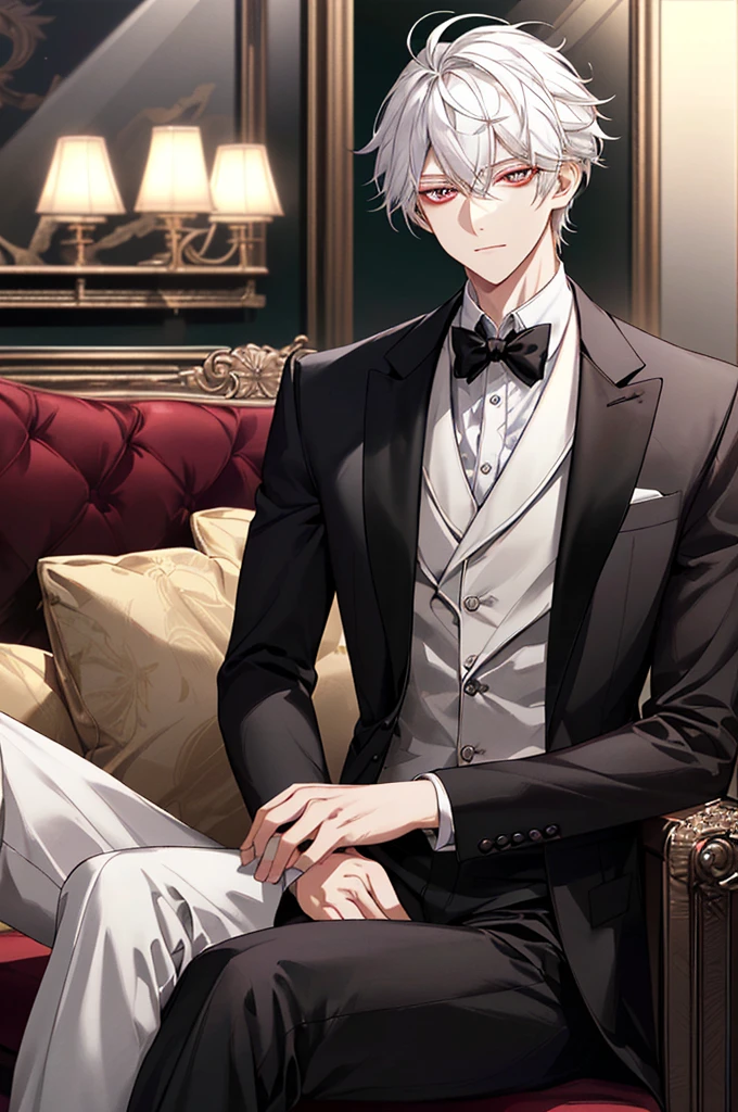 (best qualtiy,8K,tmasterpiece),best light,Best Shadow,电影灯光,(realskin)Ray traching,reflection skin,Digital Illustration,Game CG character edge lighting,Colored light sources are around),There is wind blowing hair,Looking into the distance,1boys,Adults,short detailed hair,white color hair,having fun,(Take a closer look into the eyes,Eye 1:2,Clear eyes,Elaborate Eyes,Delicate pupils,Good eyes,eye detailed、Red eyes),Face Focus,In black suit,formal clothes,best qualtiy,facial detailing,idle,(Being in the room,sitting in the couch,captura),詳細に書き込まれたBackground with,Background with,(Being in the room,sitting in the couch,captura),被写界深度のBackground withのボケ味