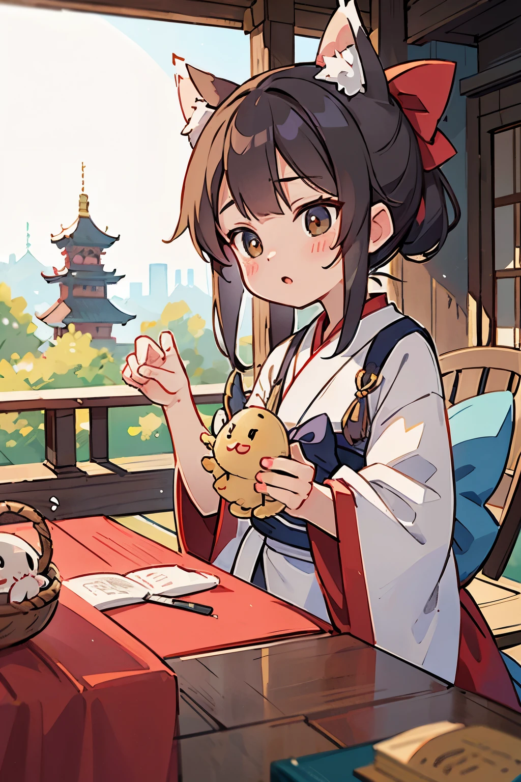 Octane Render、(Hyper-detailing: 1.15)、(Soft light、sharp: 1.2)、The shrine maiden takes a commemorative photo with the mascot dragon in a cute cat punch pose.、1 moon、shrines、手链