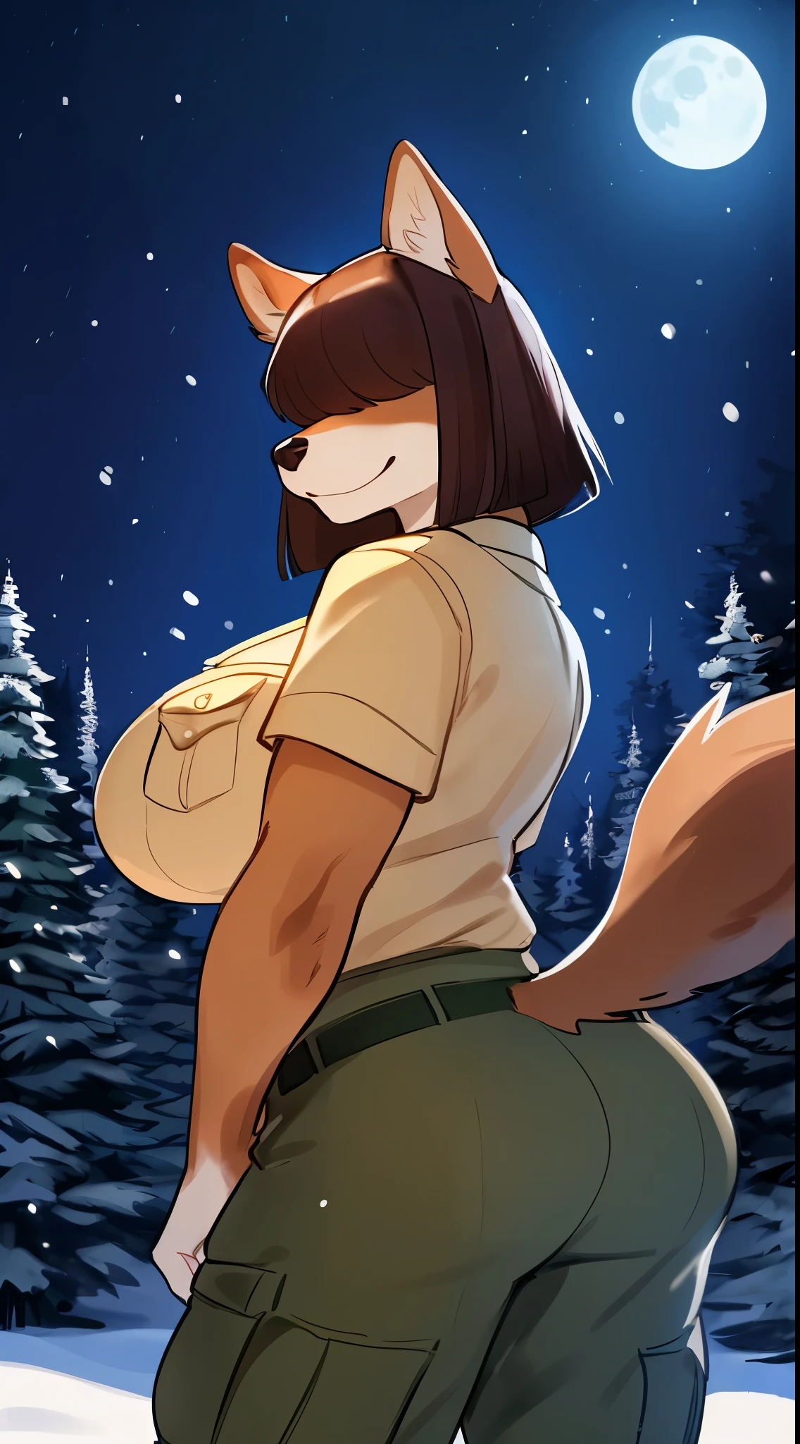 By bebebebebe, by lostgoose, by goonie-san, female, ((canine, snout, hair covering eyes, straight hair, medium hair, flat hair, ears, thin snout)), brown fur, big poofy tail, raised tail, dark maroon hair, (muscular, big breasts), solo, smiling, happy, standing, (park ranger uniform, tan uniform, green cargo pants), forest, (eyes in the forest), snow, snowing, night time, moon, ((dramatic lighting))