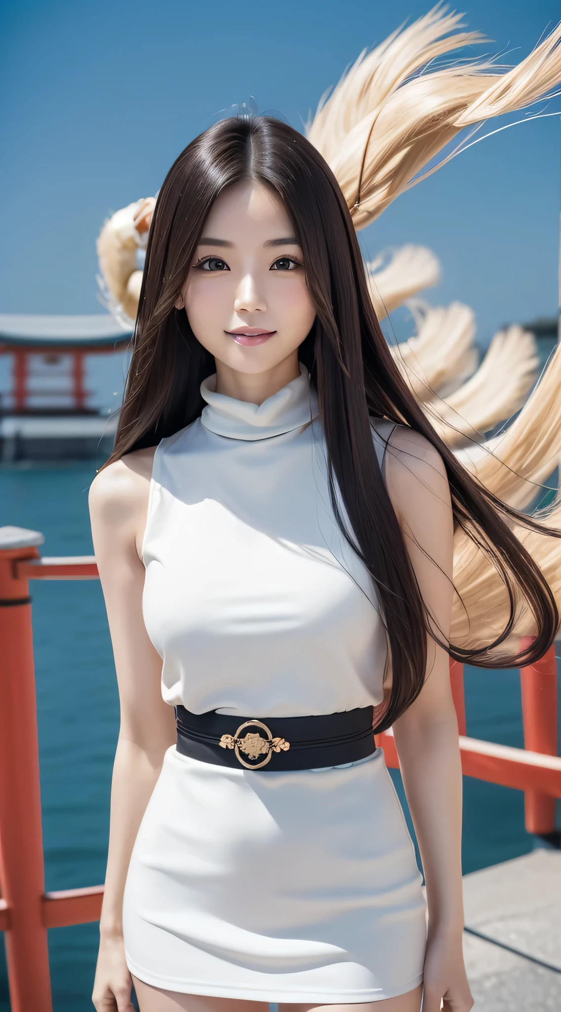 (Refreshing smile:1.5),(Look at viewers:1.1）,（hide one's hands:2.0）,(Beautiful Japan Woman）,（straight haired, Long hair, strong wind in the hair:1.5), （ High neck sleeveless , tight skirts:1.5), （high-heels;1.3), detailed  clothes, (Perfect female body), (Narrow waist:1.5), (Bust Up Portrait:1.3),   Dynamic Pose, Cinematic Light, 135 mm, Fuji Film,