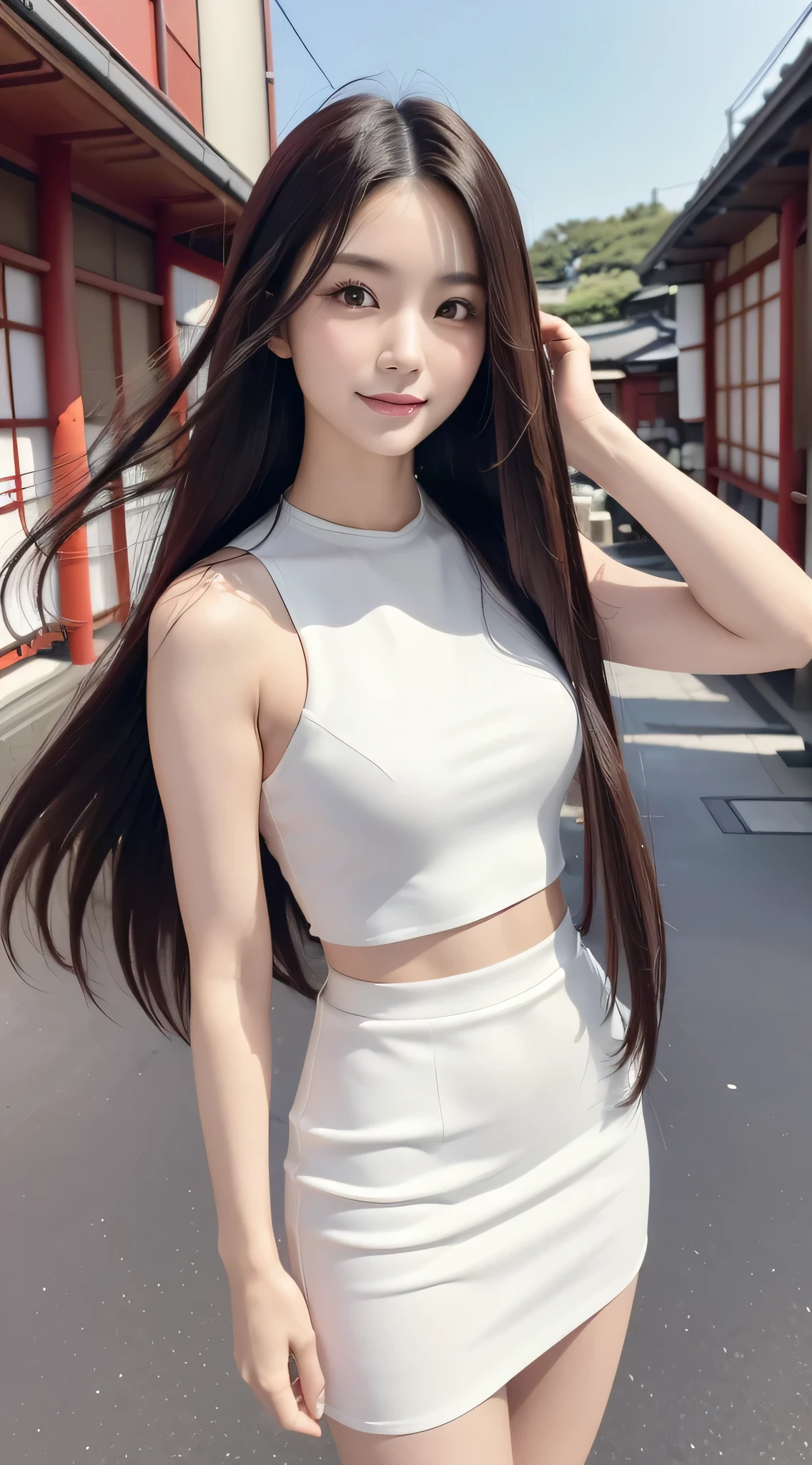 (Refreshing smile:1.5),(Look at viewers:1.1),(hide one's hands:2.0),(Beautiful Japan Woman),(straight haired, Long hair, strong wind in the hair:1.5), ( High neck sleeveless , tight skirts:1.5), (high-heels;1.3), detailed clothes, (Perfect female body), (Narrow waist:1.5), (Bust Up Portrait:1.3), Dynamic Pose, Cinematic Light, 135 mm, Fuji Film,