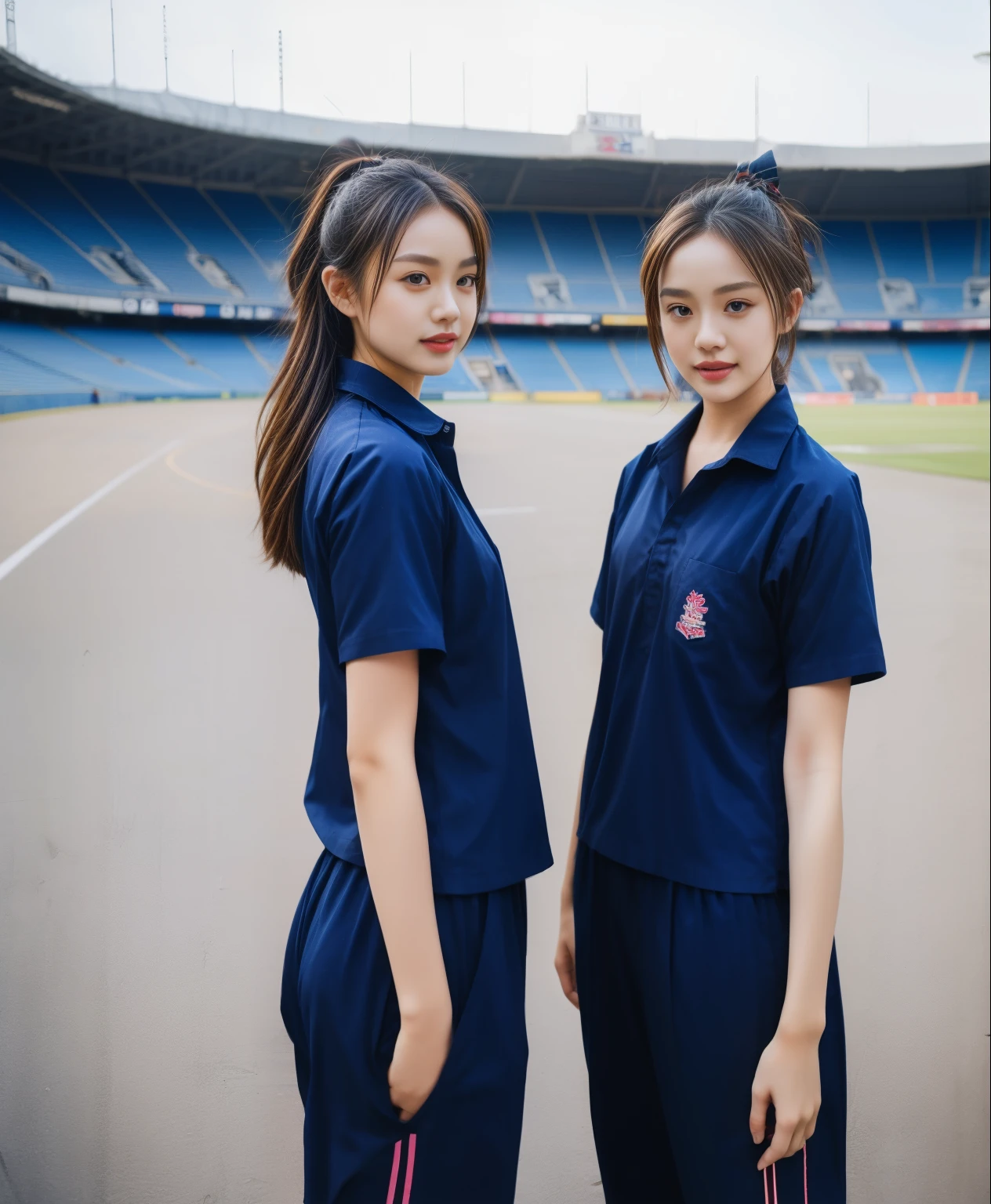 (bestquality,10,10,highres,masterpiece:1.2),ultra-detail,(Realistic,ภาพRealistic,photo-realistic:1.37),1 Cute girl in the football field,oily shiny skin,bara,light smile,BDclothelue shirt:1.3)),short sleeves,shirt, trousers.,(navy_long_ติดตามtrousers:1.1), ((Stadium Background:1.3)),dynamic angle,excited,face focus,Dynamic Poses,from behide,Ass Focus,masterpiece, bestquality, ultra realistic, hyper-detail, 8k resolution, RAW photo, crisp focus, ((Navy blue shirt:1.1)), short sleeves, เส้นทางlong, Complete bodyแบบ, 2 mature women, 18yo, cinematic light,trousersวอร์มสีน้ําเงิน,Gymware,Correct anatomy,Complete body, Correct body, sharp face, Correct bodyทางกายวิภาค, full entire body, Realistic gestures, long-haired, Realistic poses,Wear long shorts..............................,ช่วงขาlong,Shapely,Sculpting Girl, Slender Figure, mannequin mannequins, Shapely, Beautiful body,trousersวอร์มสีน้ําเงิน, Two girls kissing