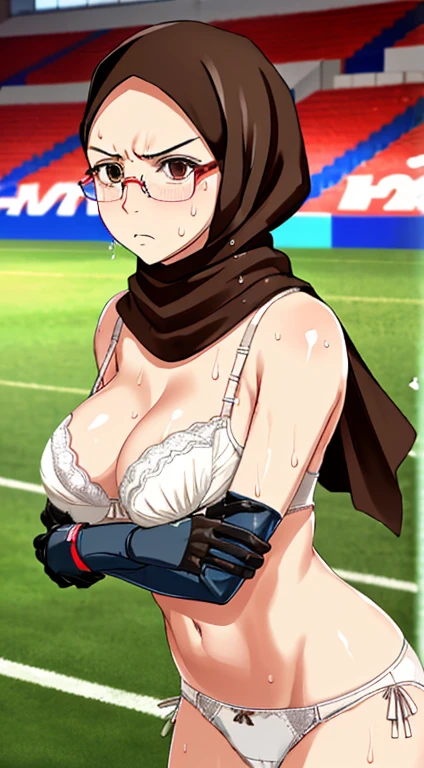 Photo of a indonesian female teacher with saggy breasts, (((keeping the goal))) in the middle of(soccer field), 40yo,busty body, tall body, tanned skin, dimples, light, detailed face, embarrassed face, ((looking disgusted)), ((very angry)), (dissapointed), (((arms in front))), Perfect breasts, big breasts, natural breasts, big nipples, G cup, (((brown hijab))),(((glasses))), (nude), (((cotton bra))), (((cotton panties))), (((goalkeeper gloves))), (sweat:1), (wet)