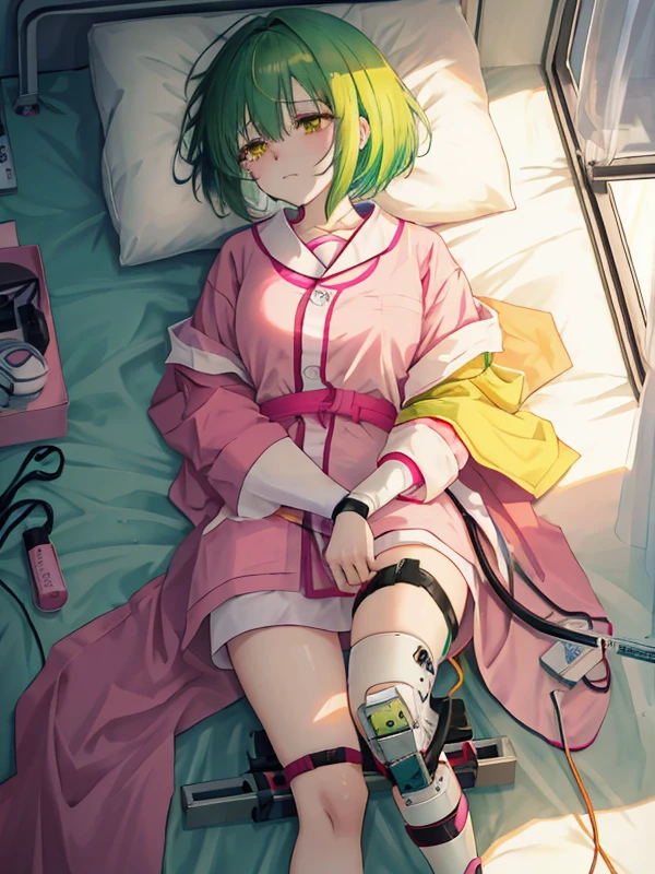 anime character laying in bed with a cast on her leg, crying, 1girl, supine on hospital bed with splint on legs, procumbent, sleeping, Tibial Fracture Brace on both legs, patient, short green hair styled into a bob, yellow eyes, pale skin, wearing hospital pink gown, Sunset from the window,