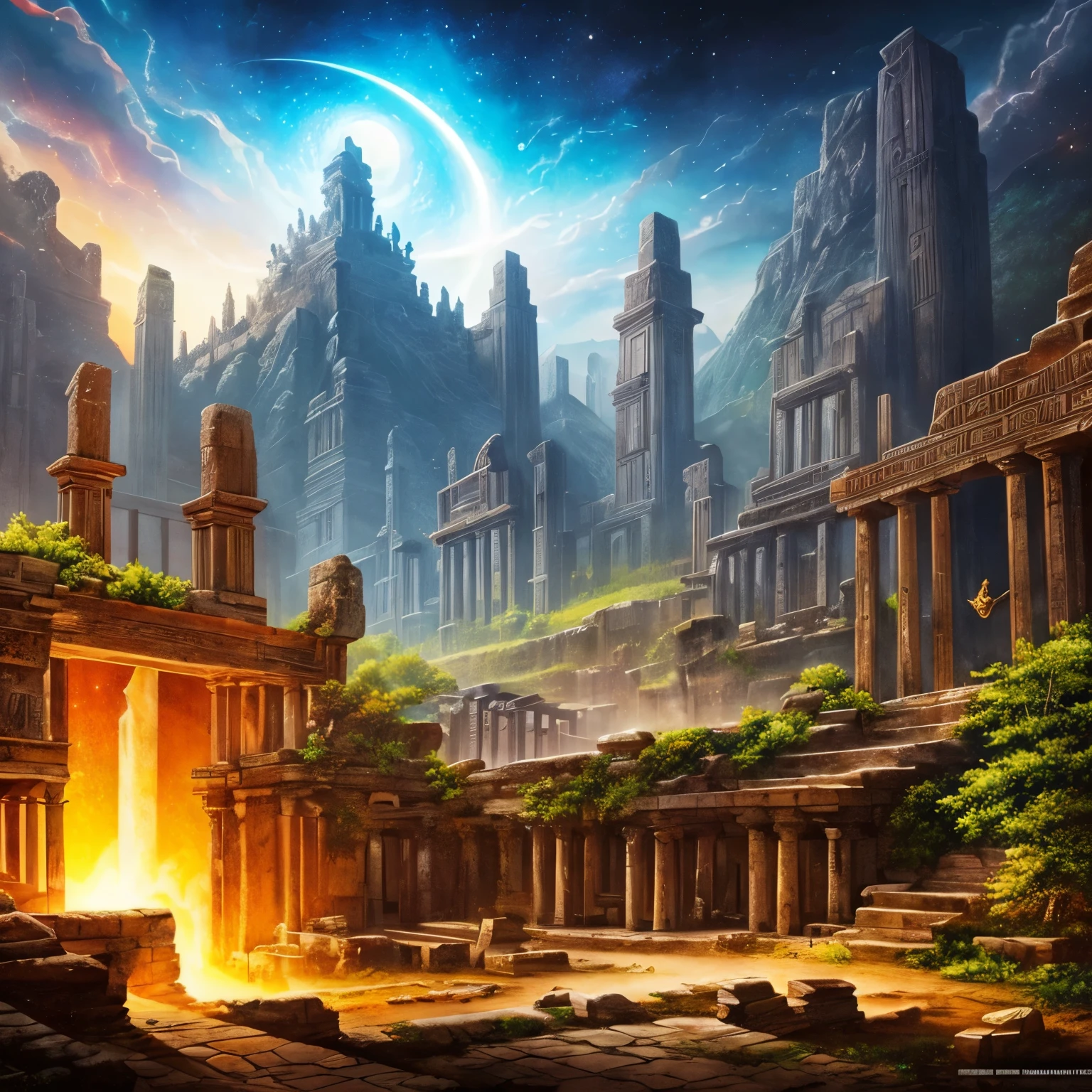 mysterious, divine, finest image, 8k, RAW photo, realistic, fantasy, art of ancient civilizations, digital art, underground ruins, aerial ruins, hieroglyphs, abstract paintings, background space galaxy, detailed, delicate, flashy and dynamic depiction