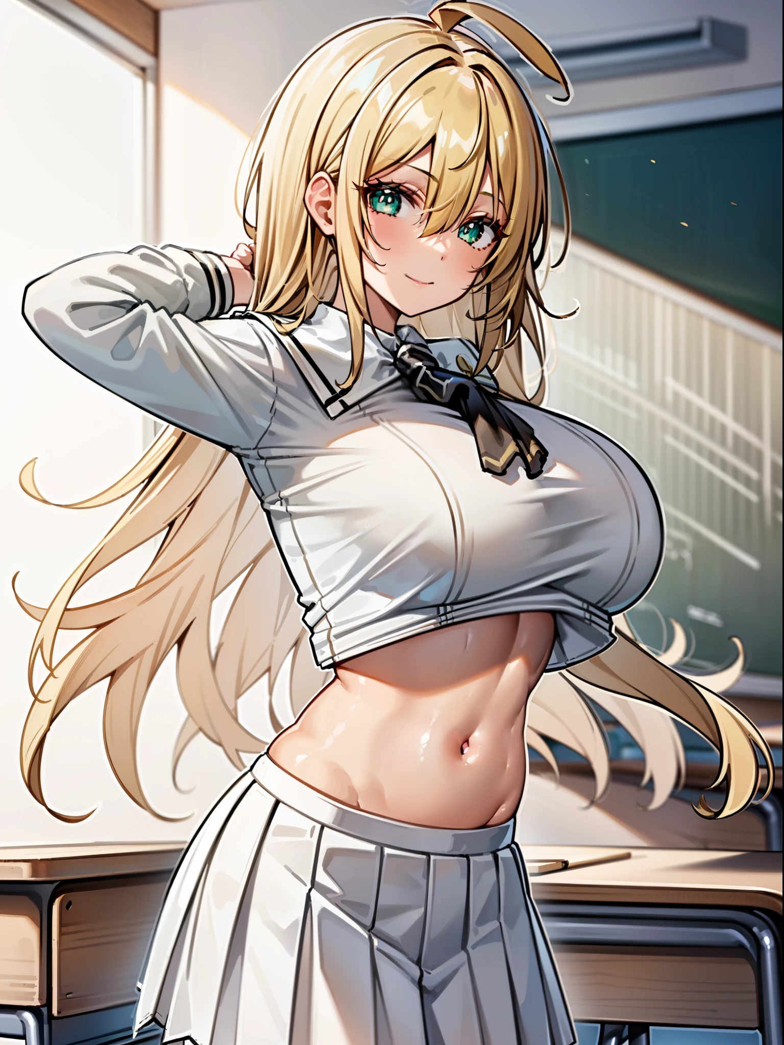 masterpiece, best quality, extremely detailed, 1girl, gyaru, solo, (dark brown skin:2), rupeernd, (huge breasts:1.7), ((((blonde hair), ahoge, long hair, aqua eyes, slit pupils))), parted lips, (((white serafuku, double-breasted, crop top, white skirt, white pantyhose, long sleeves))), ((light smile), closed mouth), ((arms behind head, classroom))