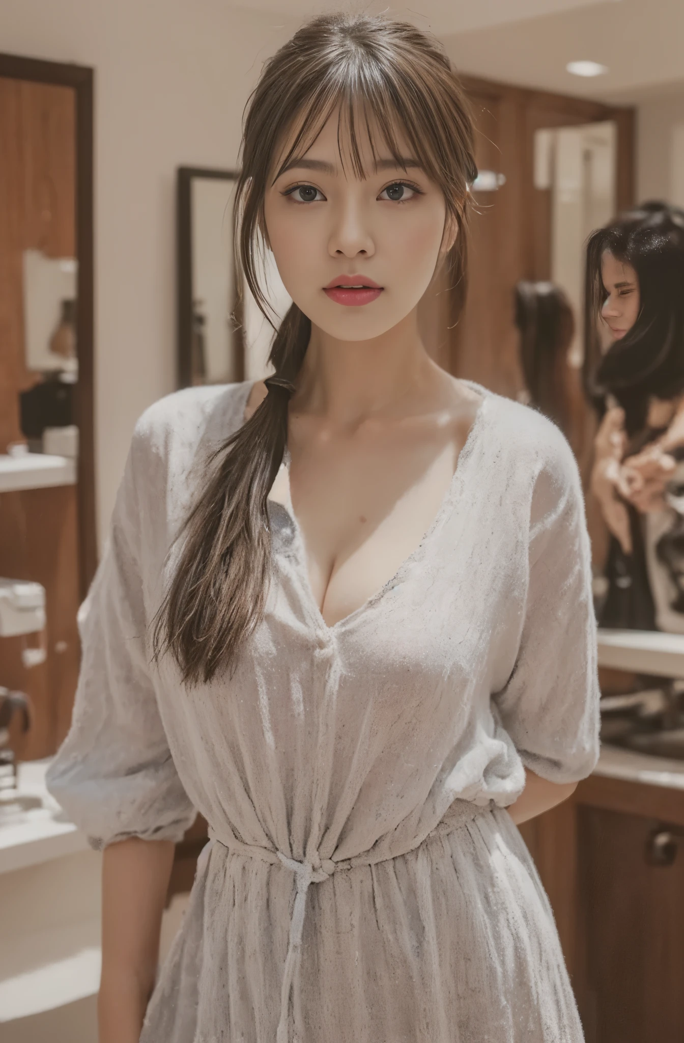 (top-quality、8k、masterpiece:1.3)、Beautiful Women in Perfect Figure:1.4、dark brown hair、extremely detailed face and skin、A detailed eye、二重まぶた、huge tit、g-cup